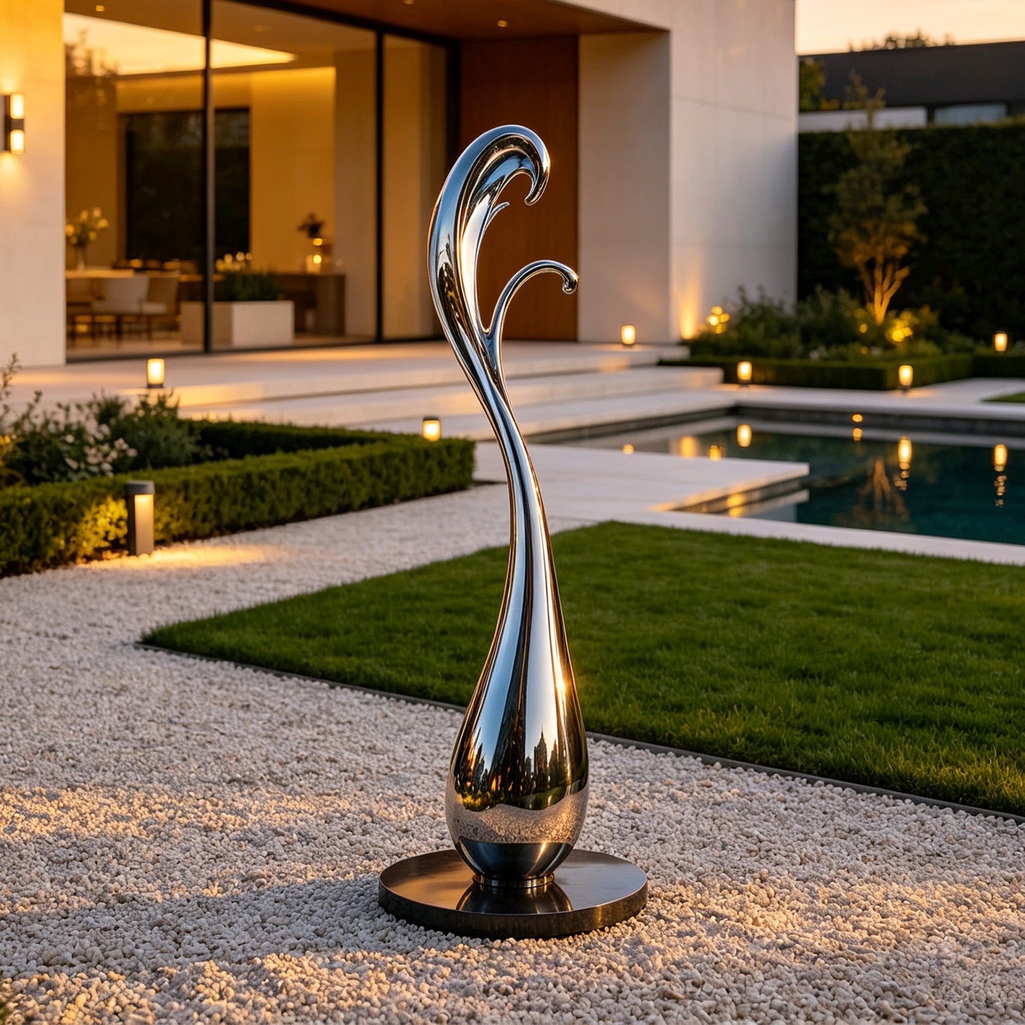 Tide Blossom mirror stainless steel sculpture installed in a luxury villa garden, featuring slim water splash form, polished reflective surface, round base, gravel landscape, lawn, pool, and warm evening lighting