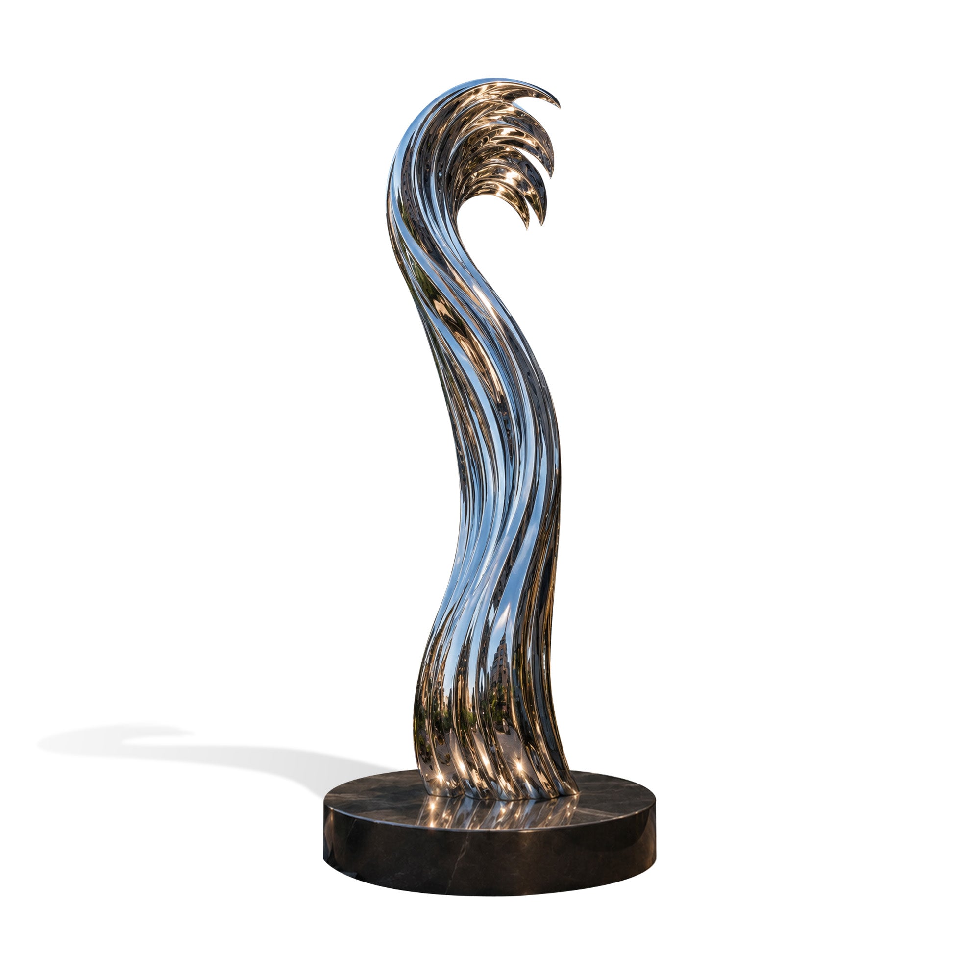 Moonlit Wave mirror stainless steel water flow sculpture with tall twisting wave shape, polished reflective surface, layered flowing lines, black round base, and white background