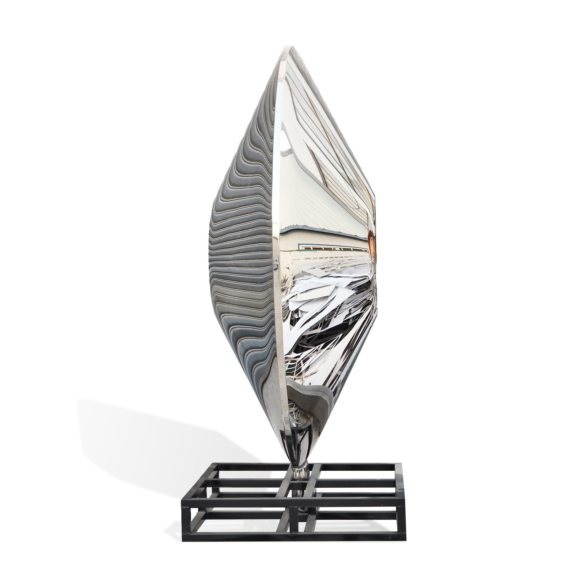 Side view of mirror stainless steel ring sculpture showing thin oval profile, polished reflective edge, abstract outdoor art form, and black metal support frame on white background