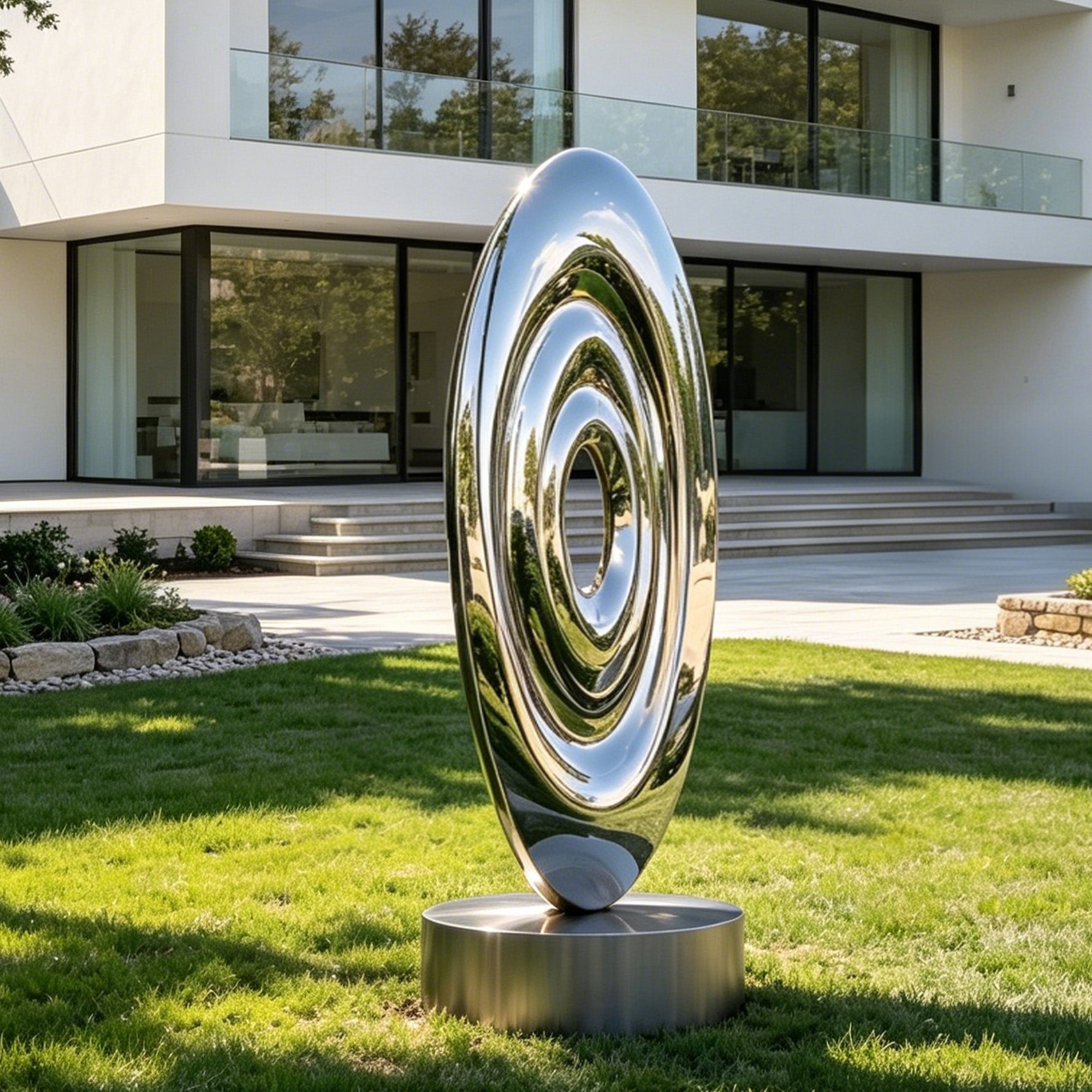 Mirror stainless steel concentric oval sculpture installed on a villa lawn, featuring layered ripple rings, central lens opening, polished reflective surface, and modern garden landscape setting