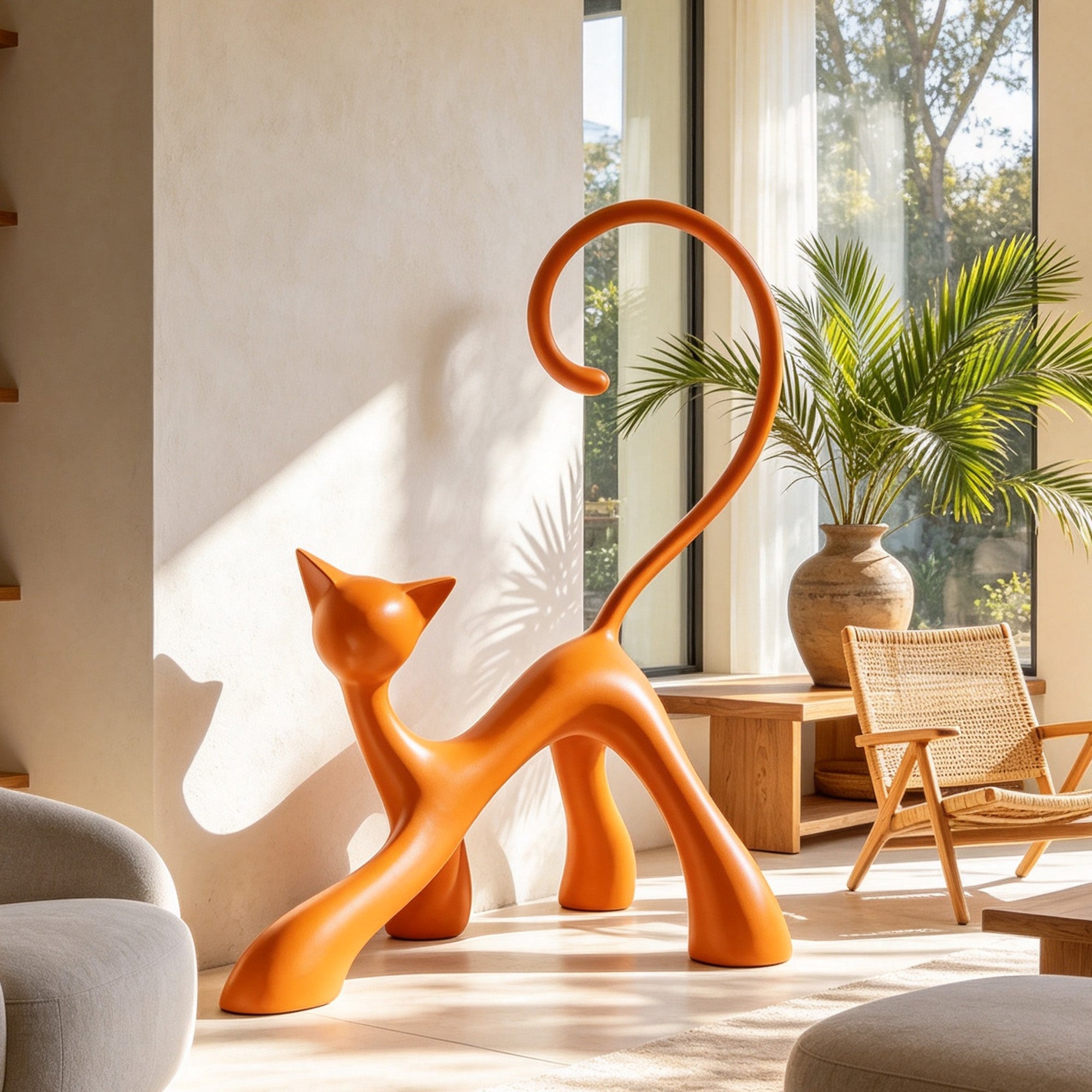 Orange stainless steel cat sculpture displayed in a sunlit modern interior, featuring abstract stretching cat form, long curled tail, pointed ears, smooth painted surface, and contemporary home decor setting