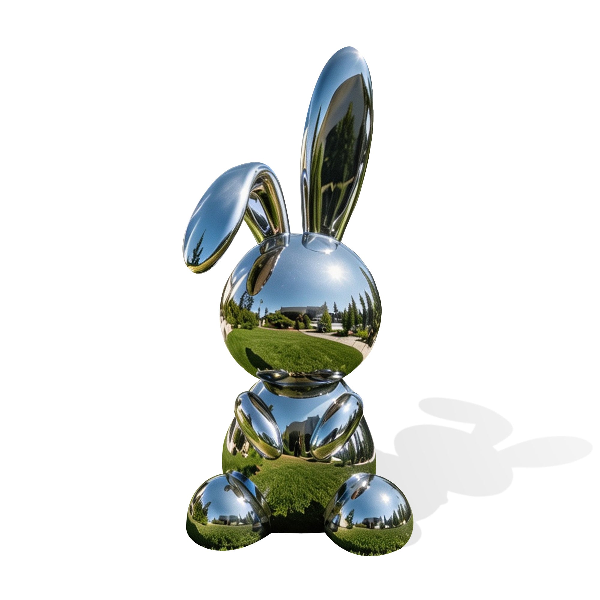 Mirror stainless steel lop-eared rabbit sculpture with rounded reflective body, one tall ear, one folded ear, oval paws, smooth metal surface, and white background