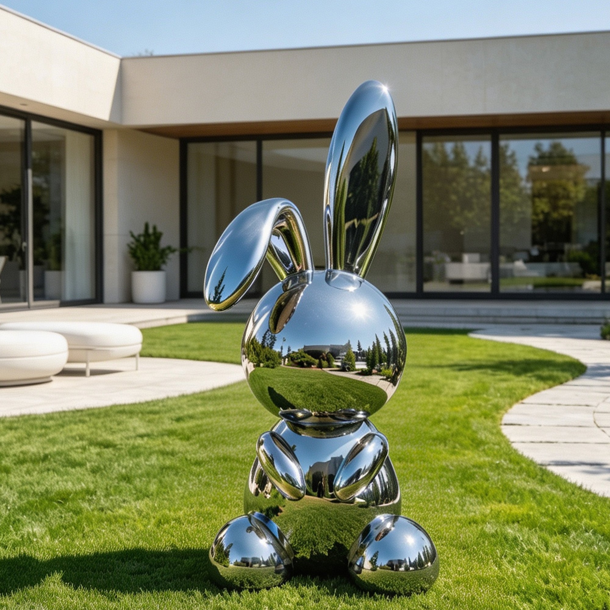 Mirror stainless steel rabbit sculpture installed on a villa lawn, featuring rounded bunny form, one upright ear, one folded ear, polished reflective surface, and modern garden setting