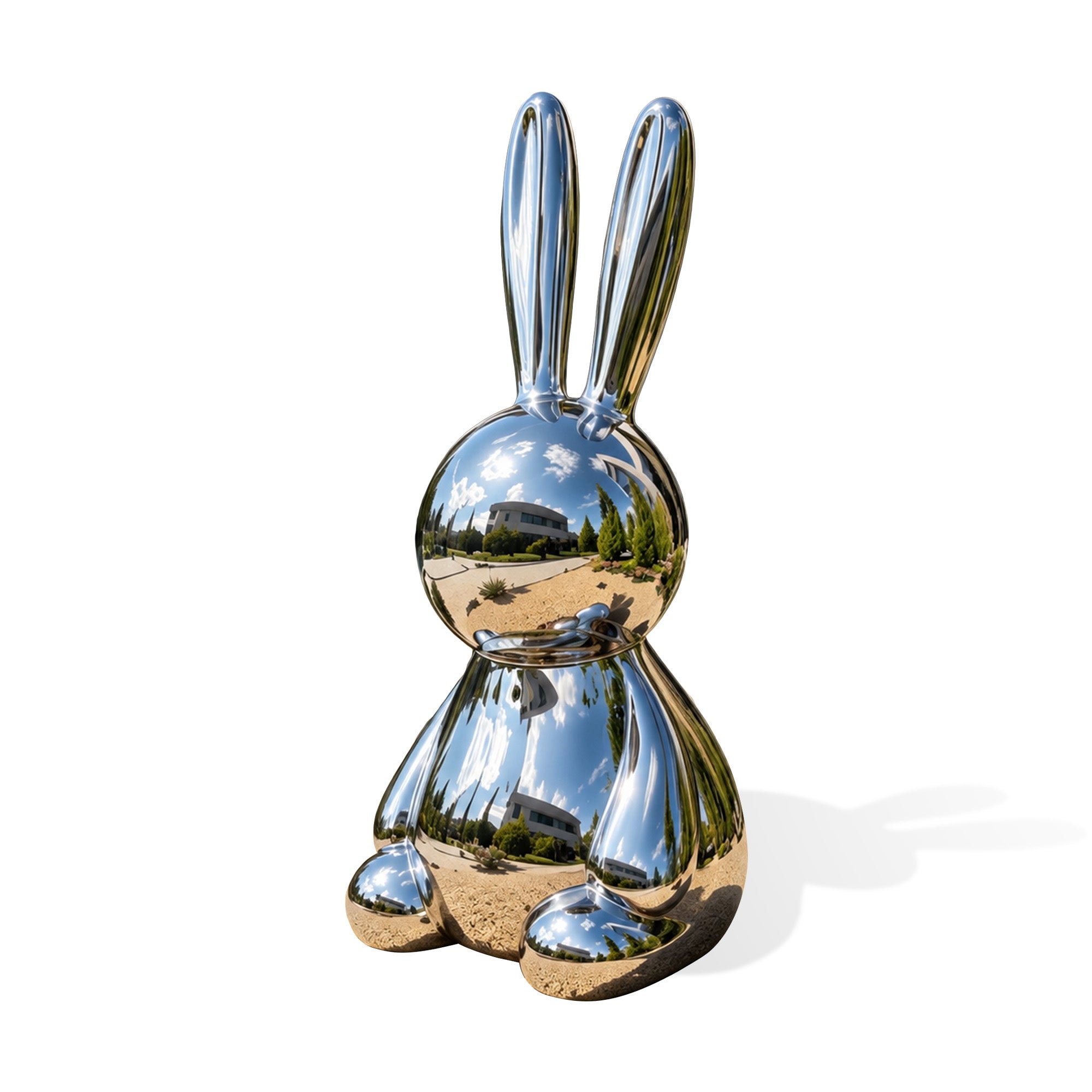 Reflective stainless steel bunny sculpture with two upright long ears, round mirror head, seated body, smooth oval paws, polished metal finish, and white background
