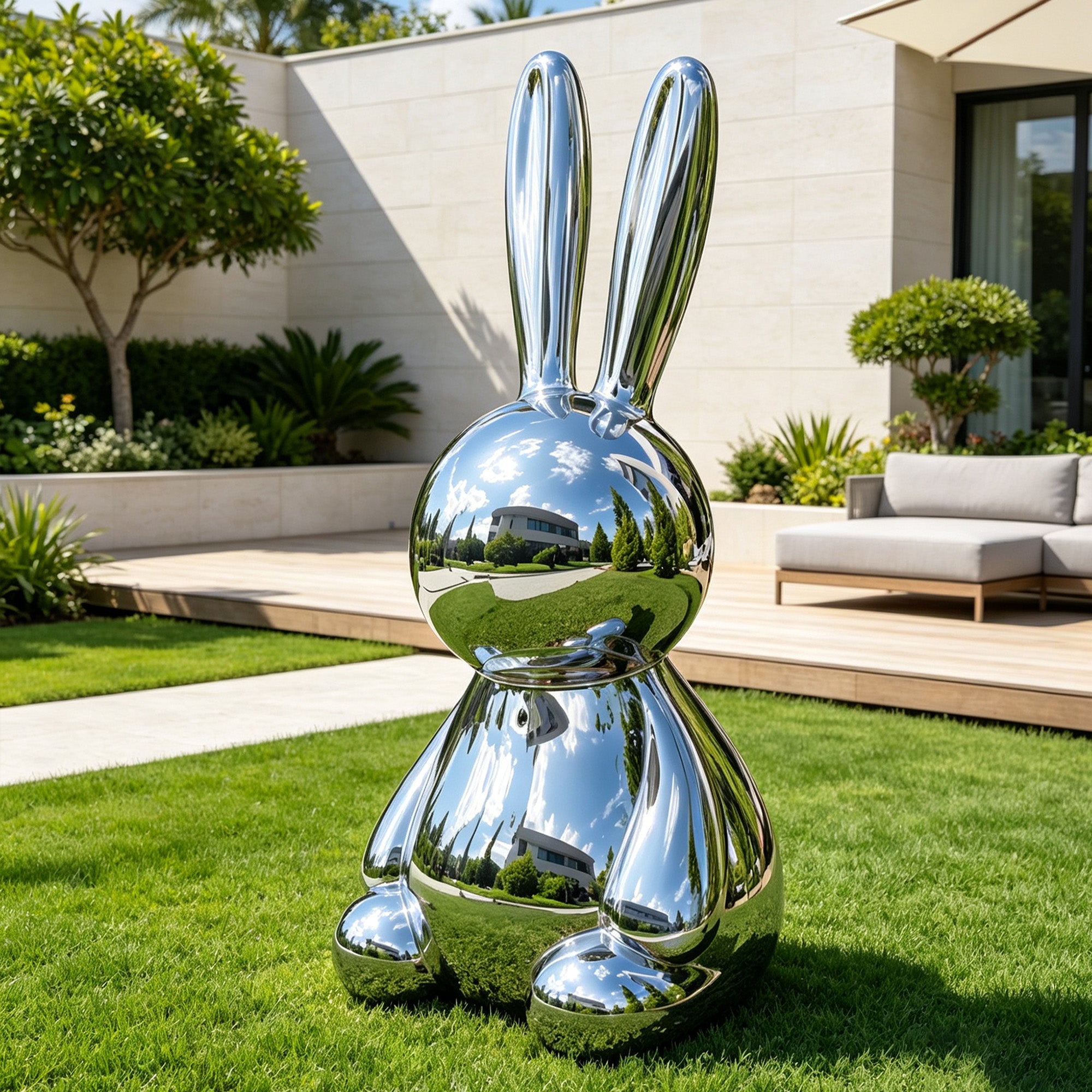 Spring Hare mirror stainless steel rabbit sculpture installed on a villa lawn, featuring upright long ears, rounded reflective body, seated bunny form, polished metal surface, and modern garden setting