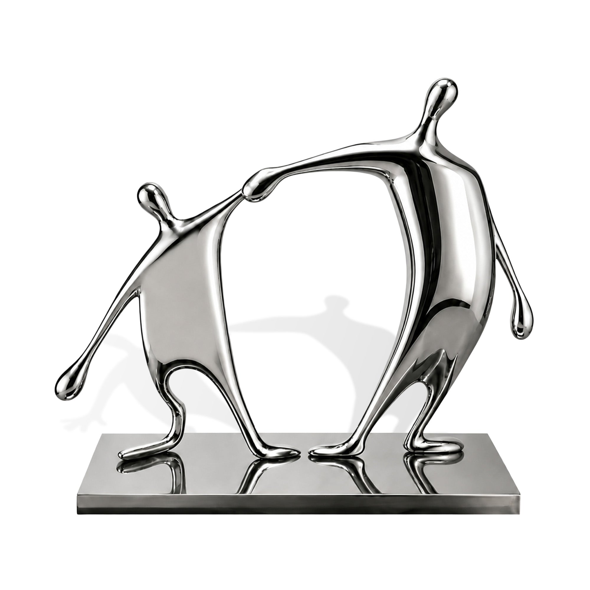 Mirror stainless steel abstract figure sculpture with two stretched human forms holding hands, flowing body shapes, polished reflective finish, rectangular metal base, and white background