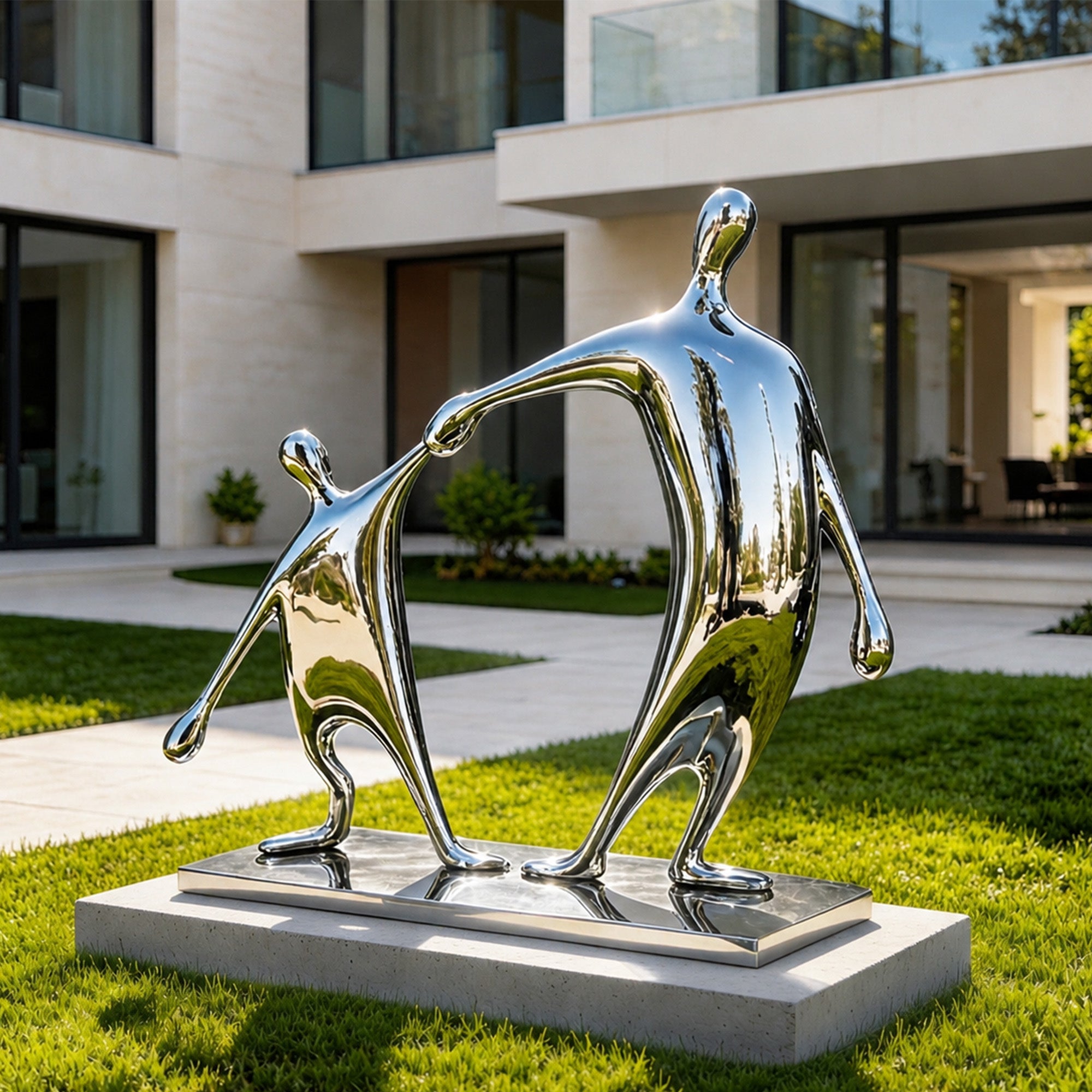 Momentum Duet mirror stainless steel abstract figure sculpture installed on a villa lawn, featuring two elongated human forms holding hands, polished reflective surface, metal base, and modern outdoor courtyard setting