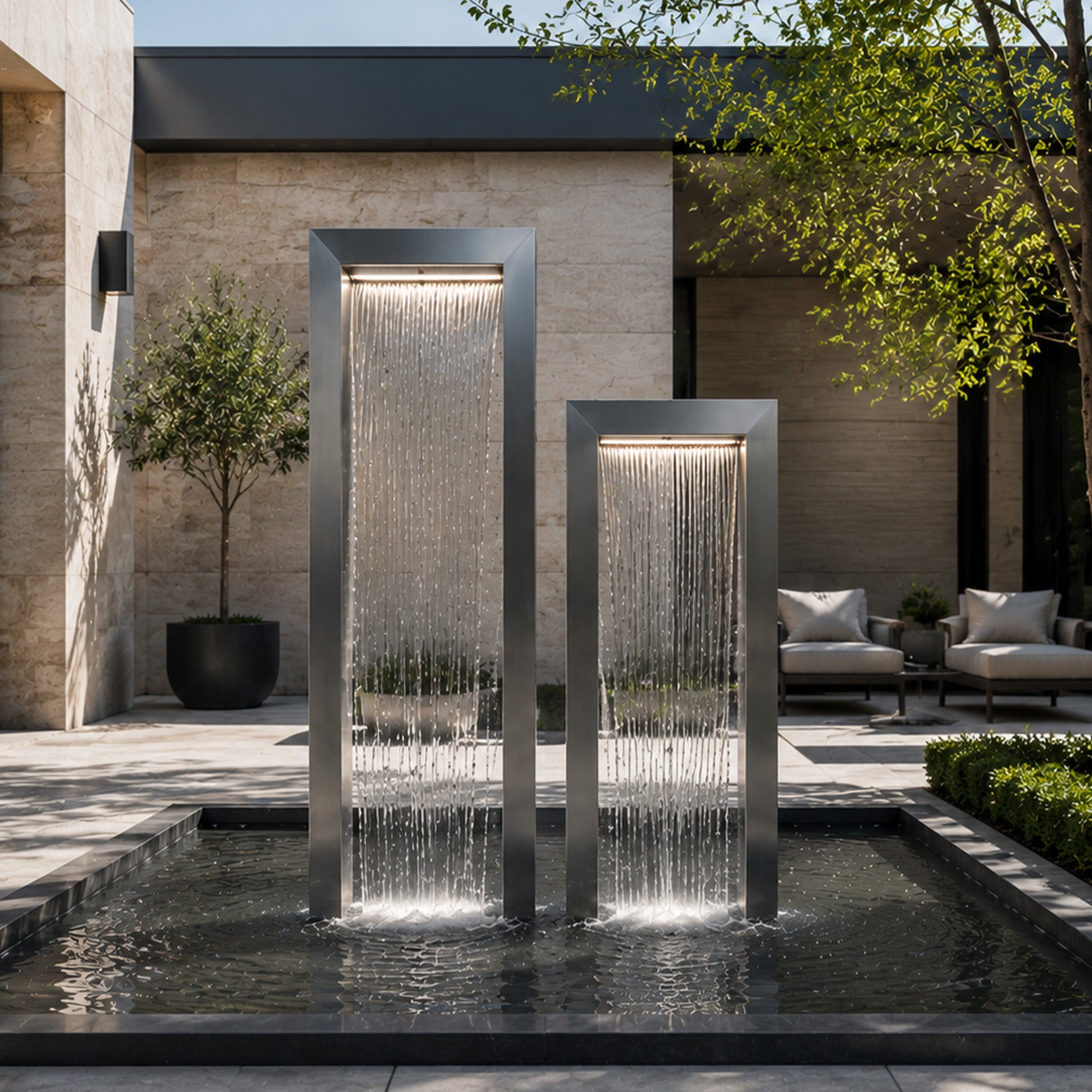 Luxury brushed stainless steel portal waterfall fountain set installed in a modern courtyard pool, featuring two rectangular frame water curtains, integrated top lighting, clean architectural lines, and high-end outdoor water feature design