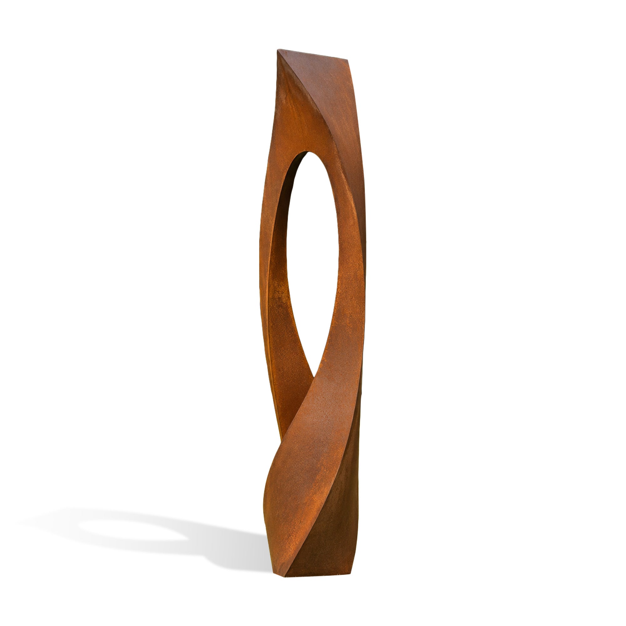 Corten steel abstract sculpture with a tall twisted open form and natural rust patina