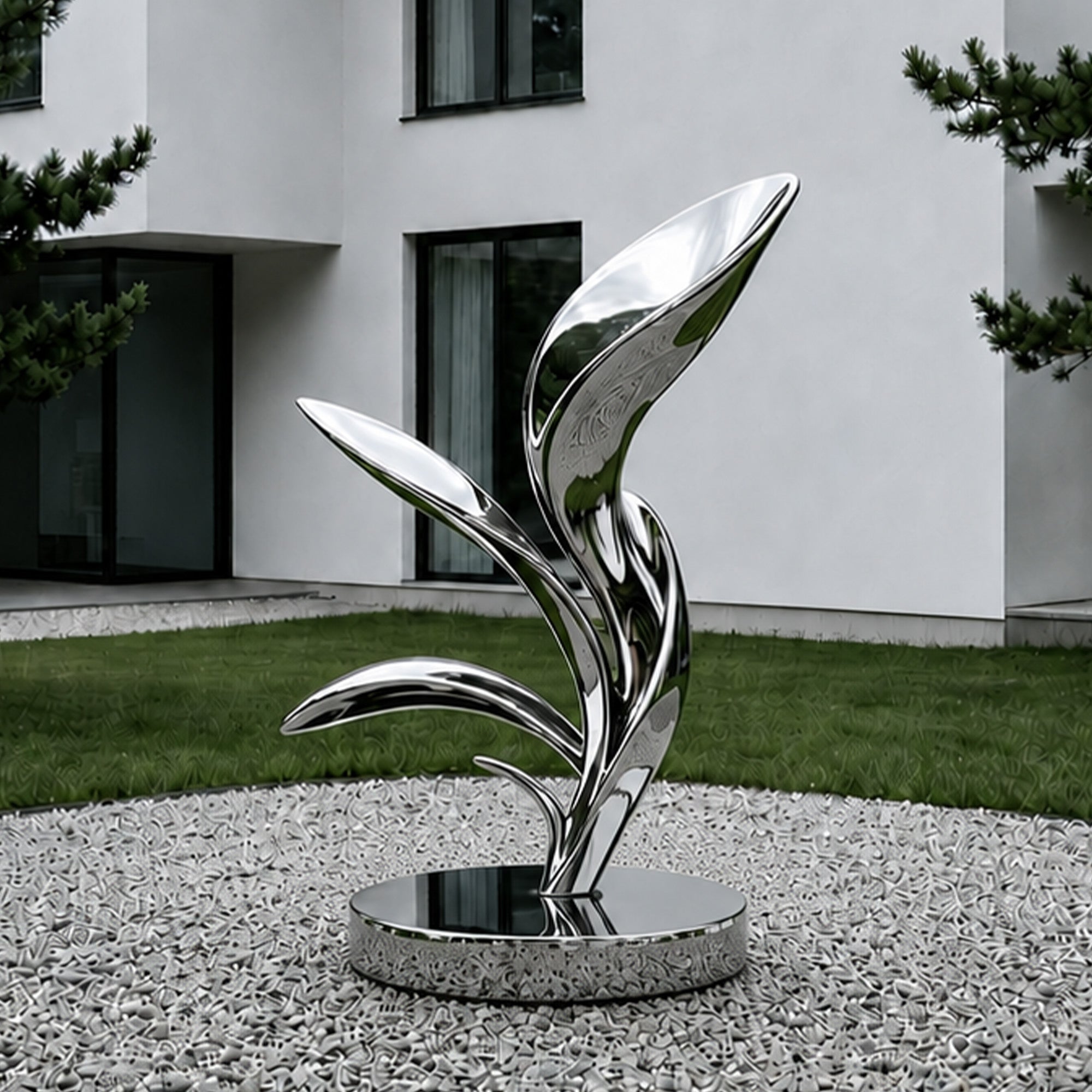 Mirror stainless steel leaf sculpture installed in a modern courtyard, featuring three polished abstract leaf forms, round metal base, reflective surface, white gravel, lawn, and contemporary villa setting