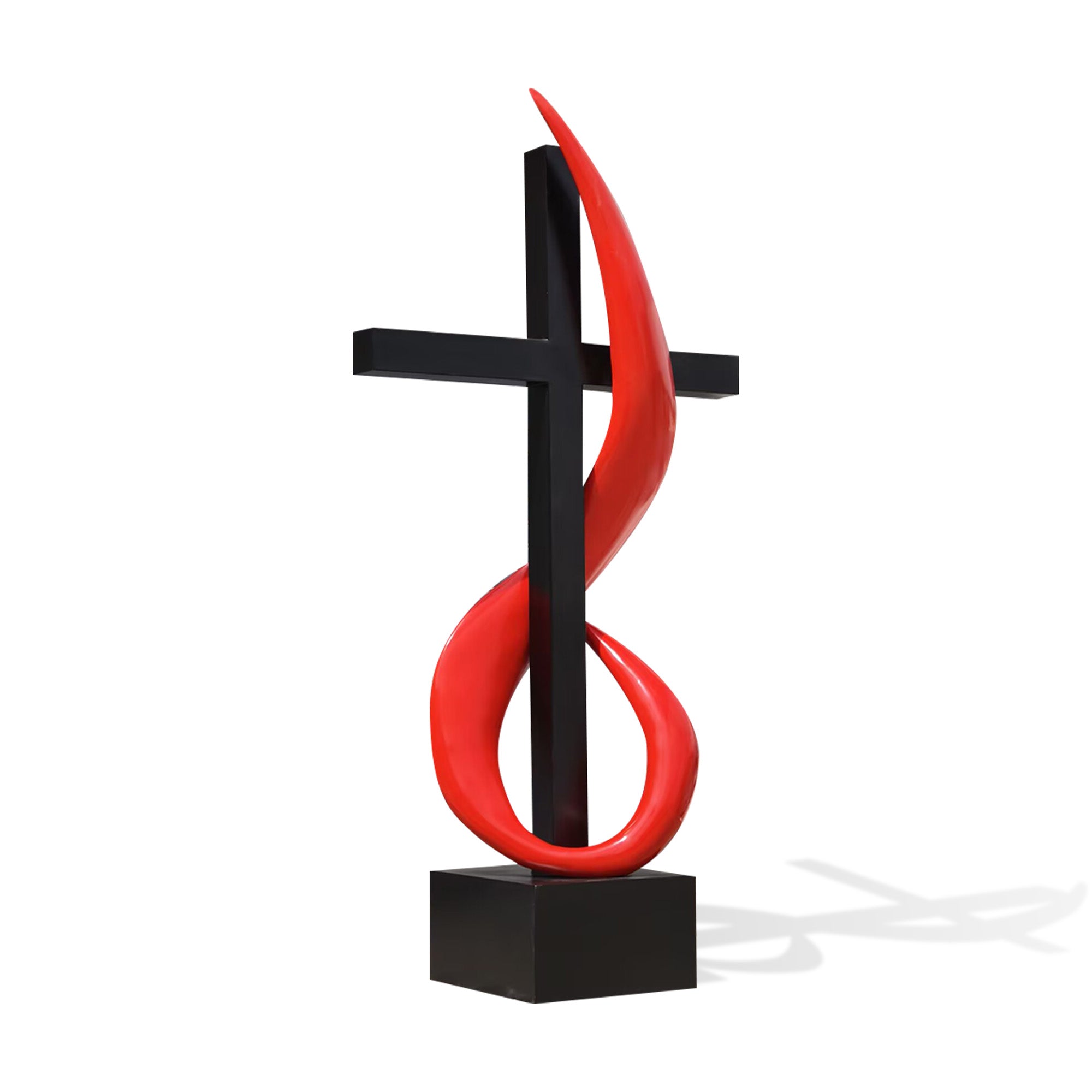 Custom painted stainless steel Christian cross logo sculpture with red abstract ribbon form