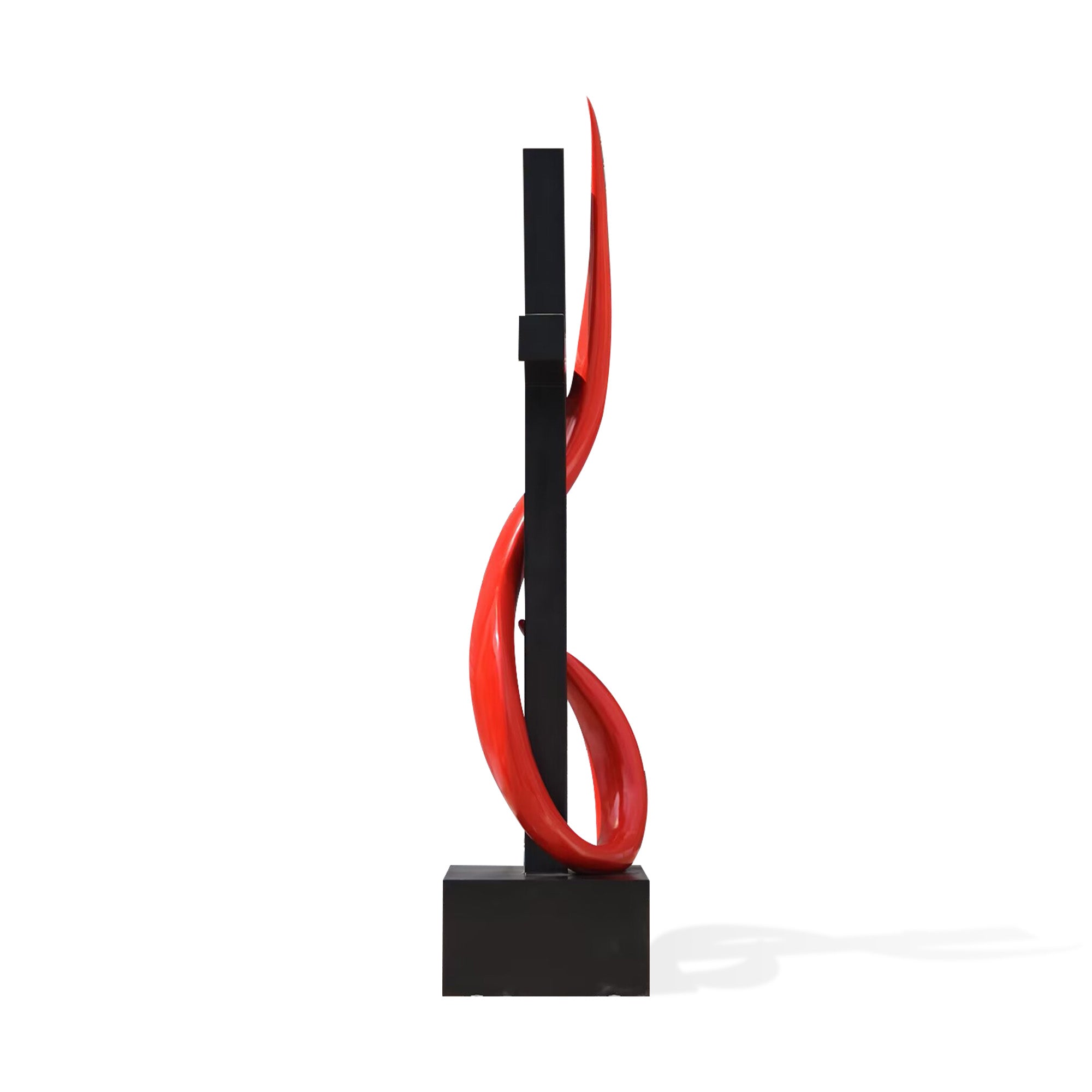 Side view of outdoor painted stainless steel church logo sculpture with cross and red curved ribbon