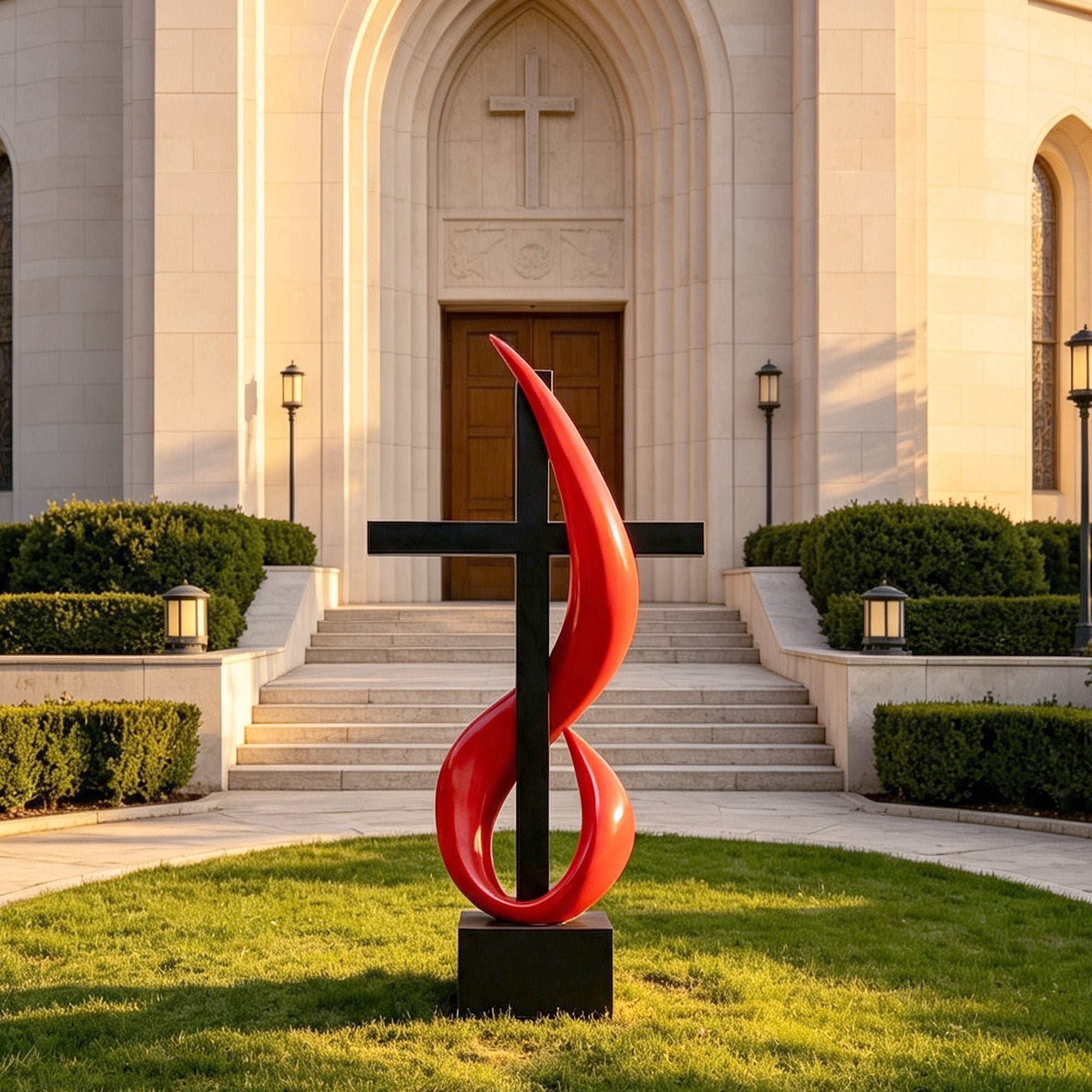 Black and red painted stainless steel cross logo sculpture installed outdoors in front of a church