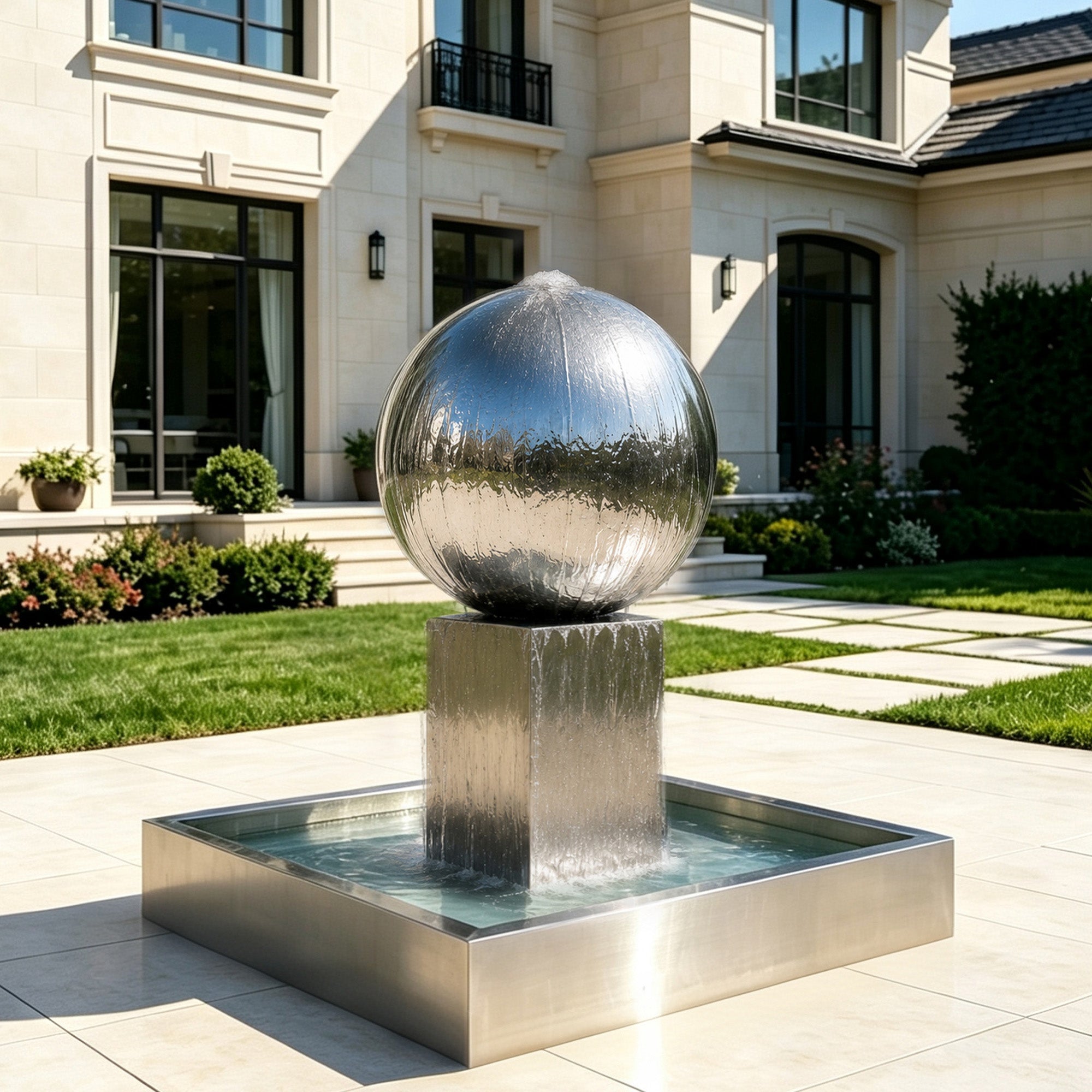 Outdoor stainless steel ball fountain with mirror polished sphere and square water basin