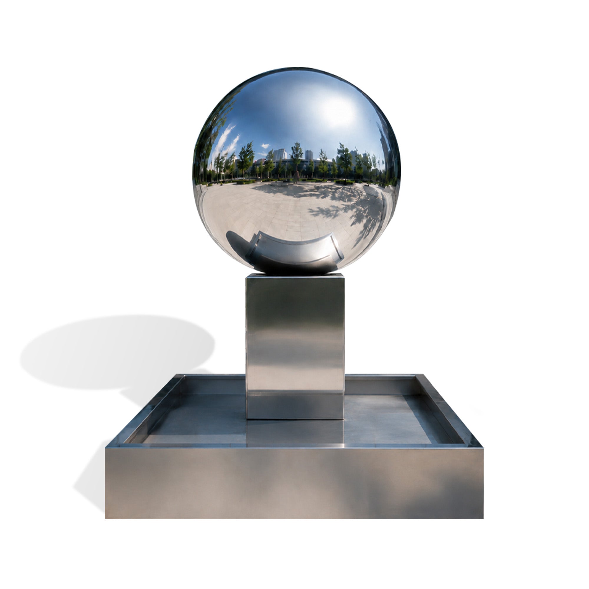 Mirror polished stainless steel sphere fountain with pedestal and basin for outdoor garden water feature