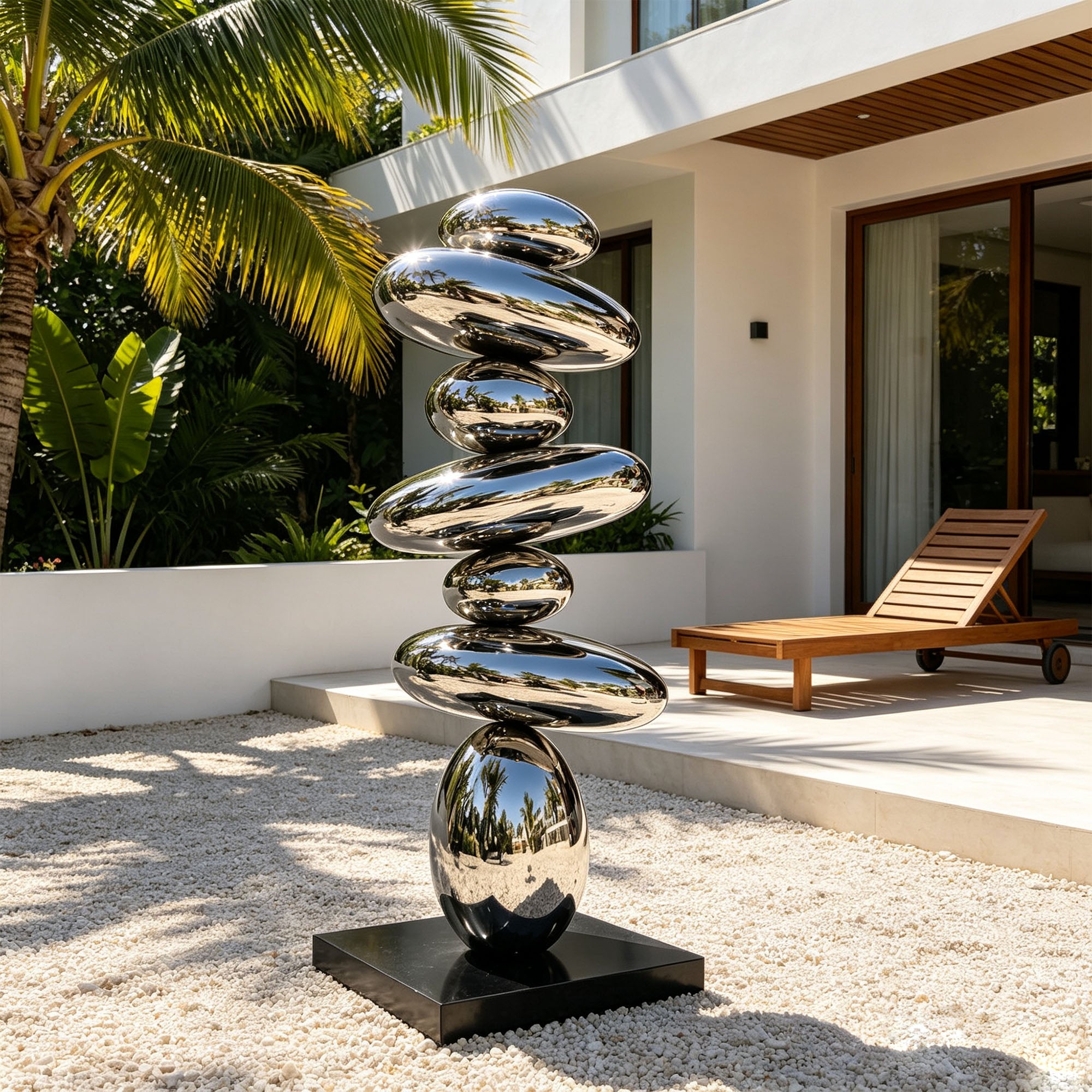 Outdoor mirror polished stainless steel stacked stone sculpture installed in a modern villa courtyard