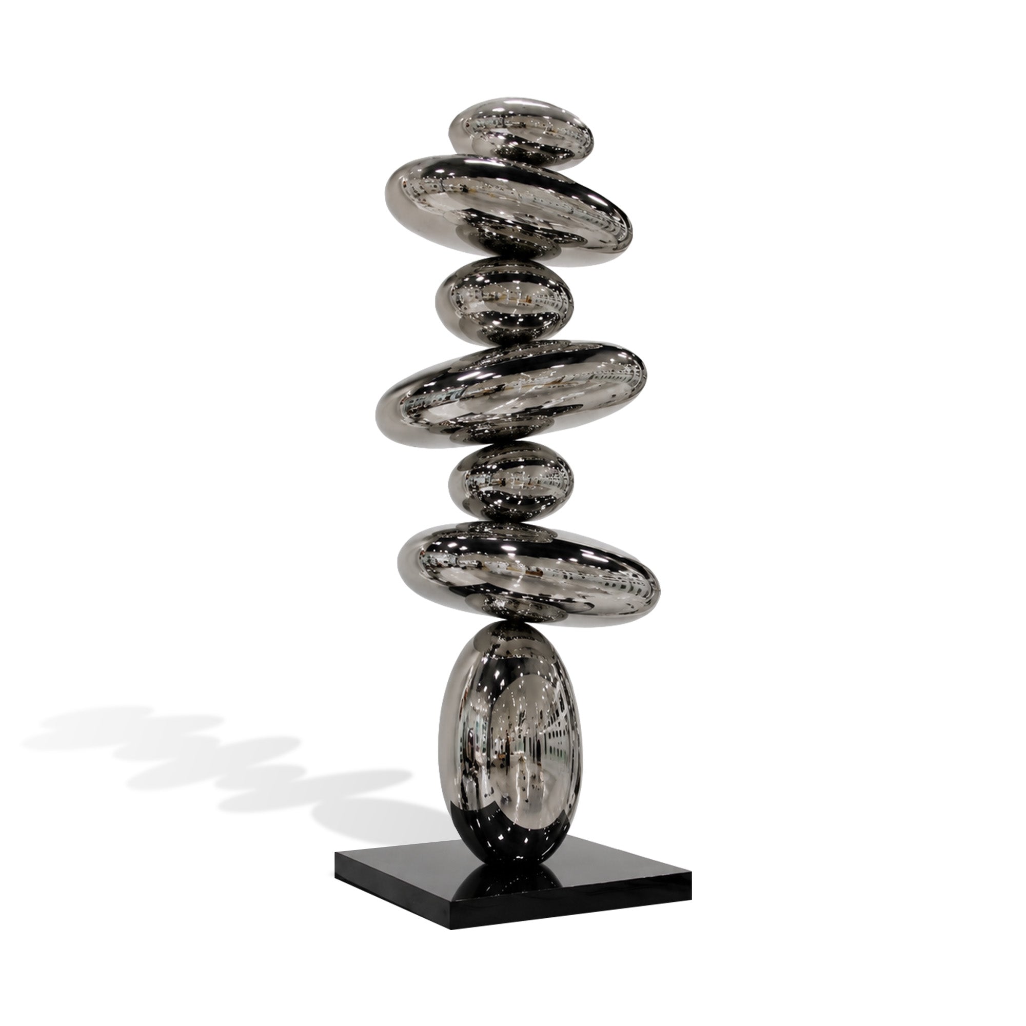 Mirror polished stainless steel stacked pebble sculpture with abstract balancing stone design