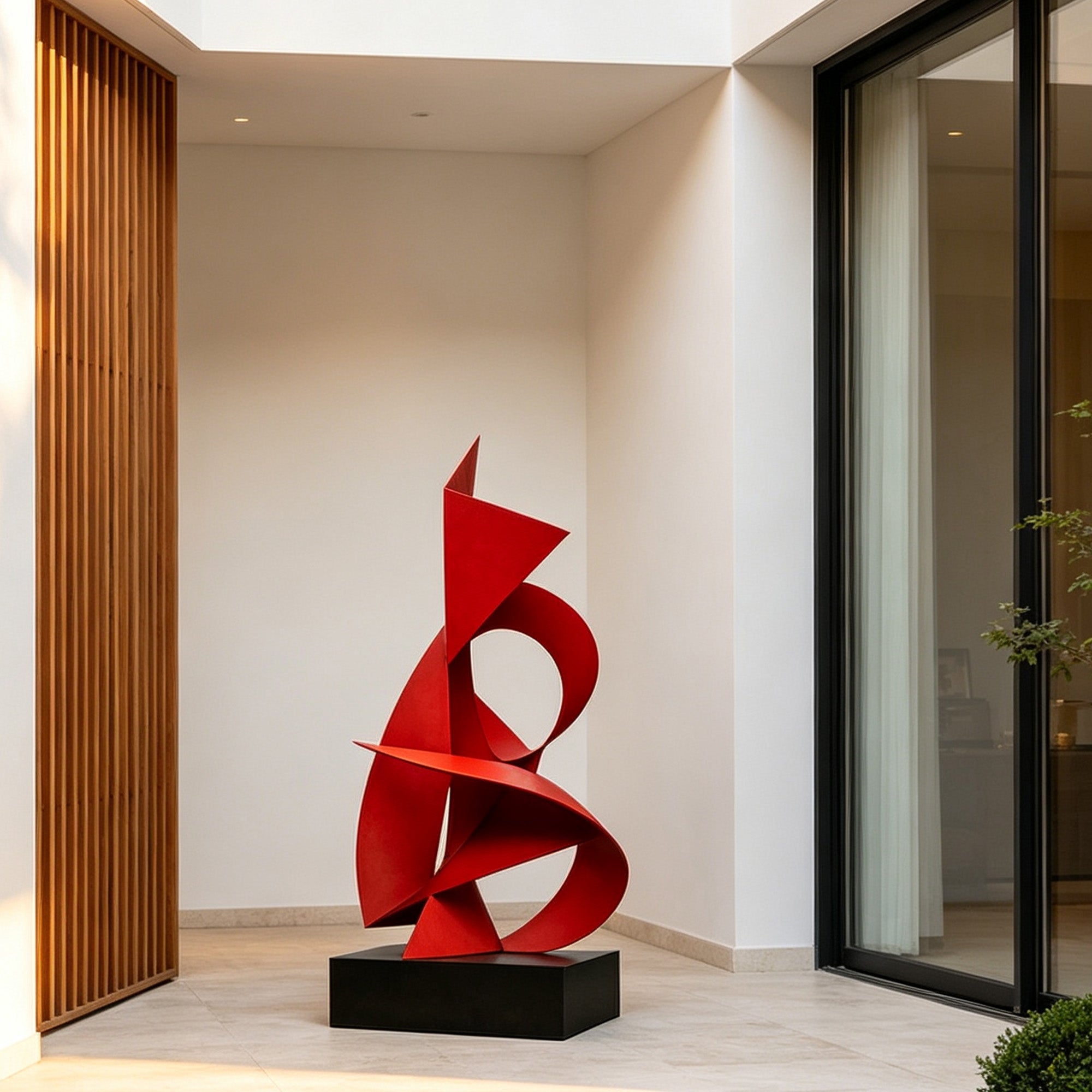 Modern red stainless steel abstract sculpture displayed in a contemporary indoor courtyard