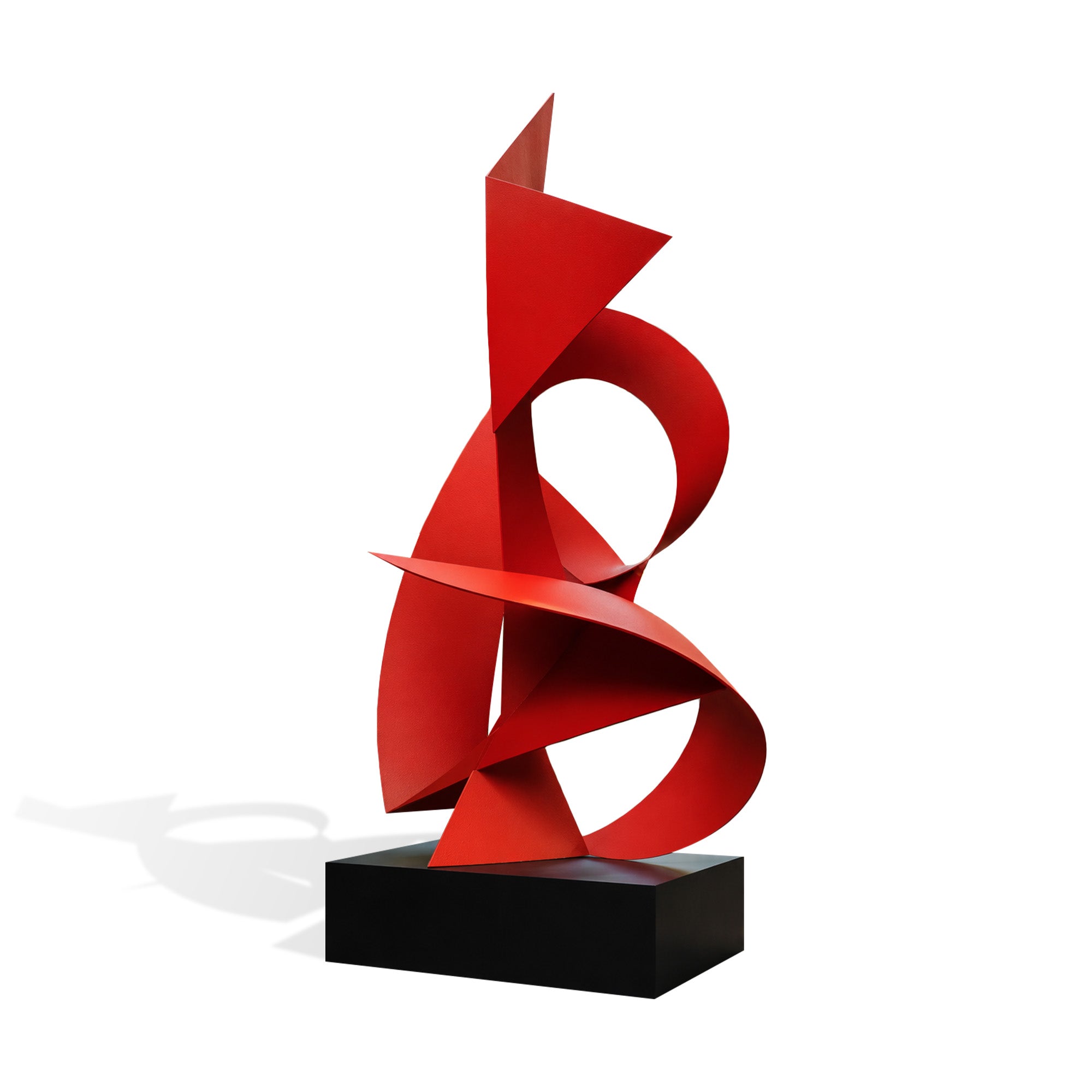 Red painted stainless steel abstract sculpture with geometric curves for modern indoor decoration