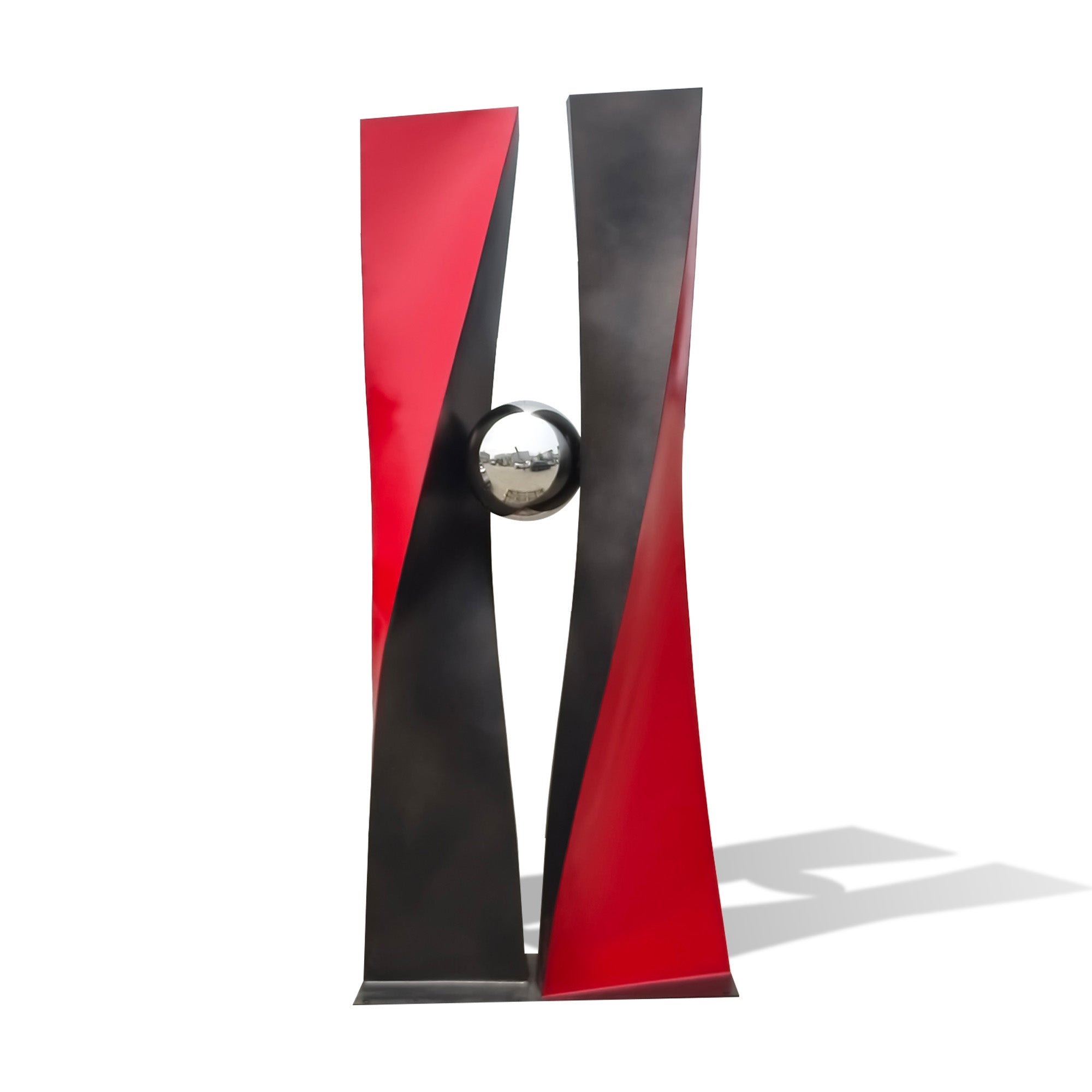 Modern red and black stainless steel sculpture with twisting vertical panels and a mirror polished sphere