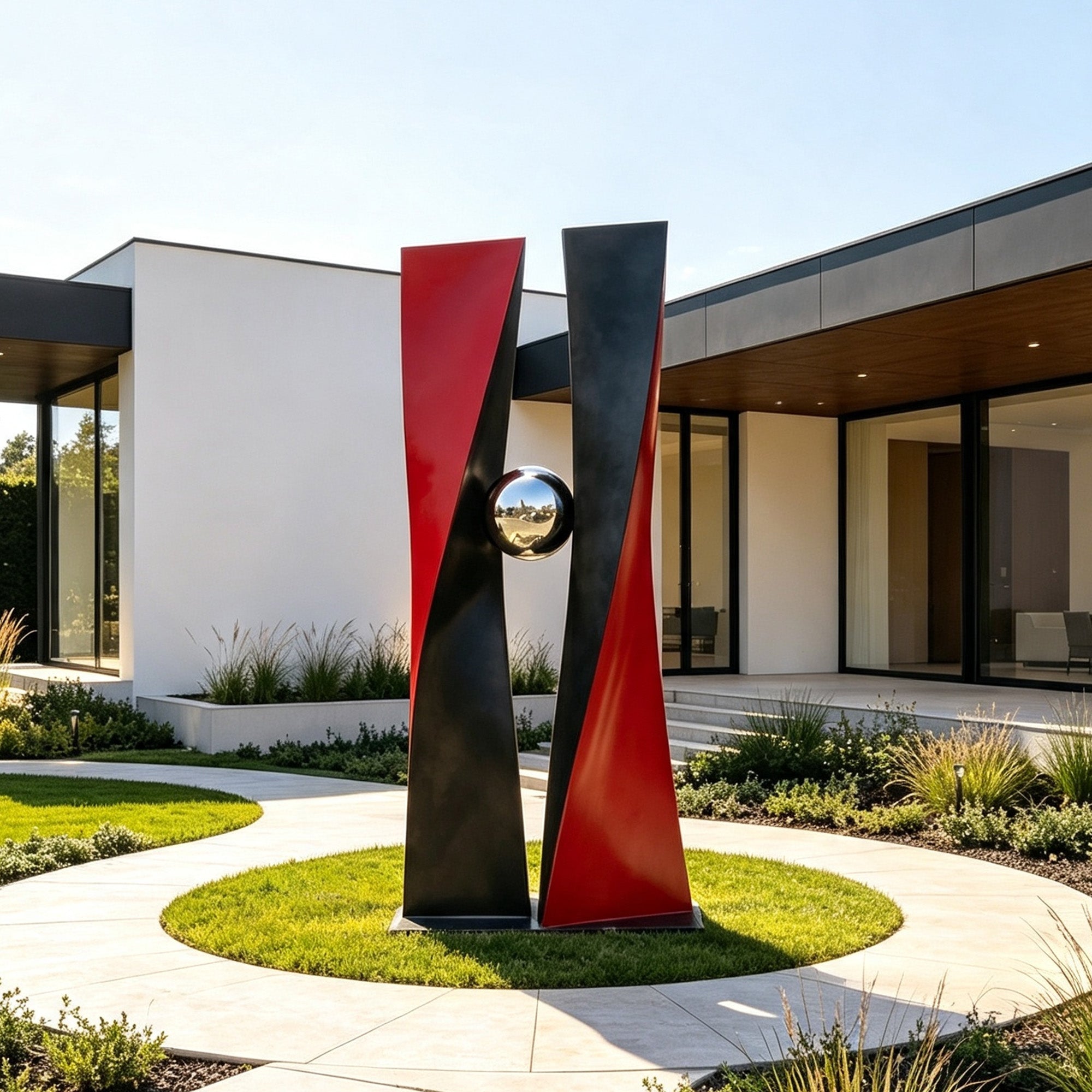 Outdoor modern stainless steel sculpture with red and black panels and mirror sphere installed in a villa landscape
