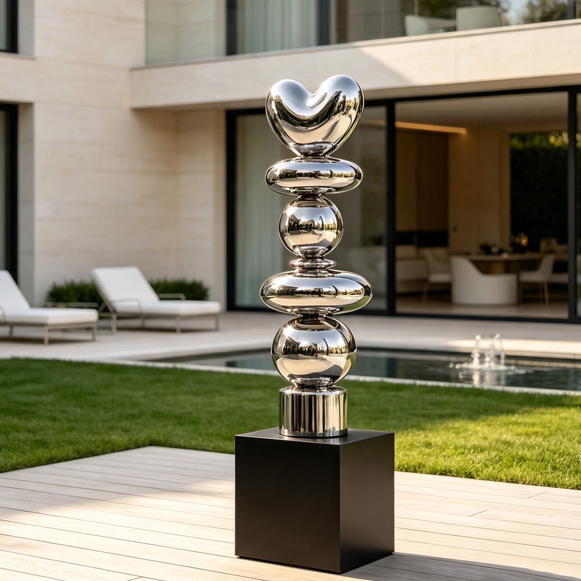 Mirror polished stainless steel balancing sculpture with stacked rounded forms and heart shaped top in a modern villa garden