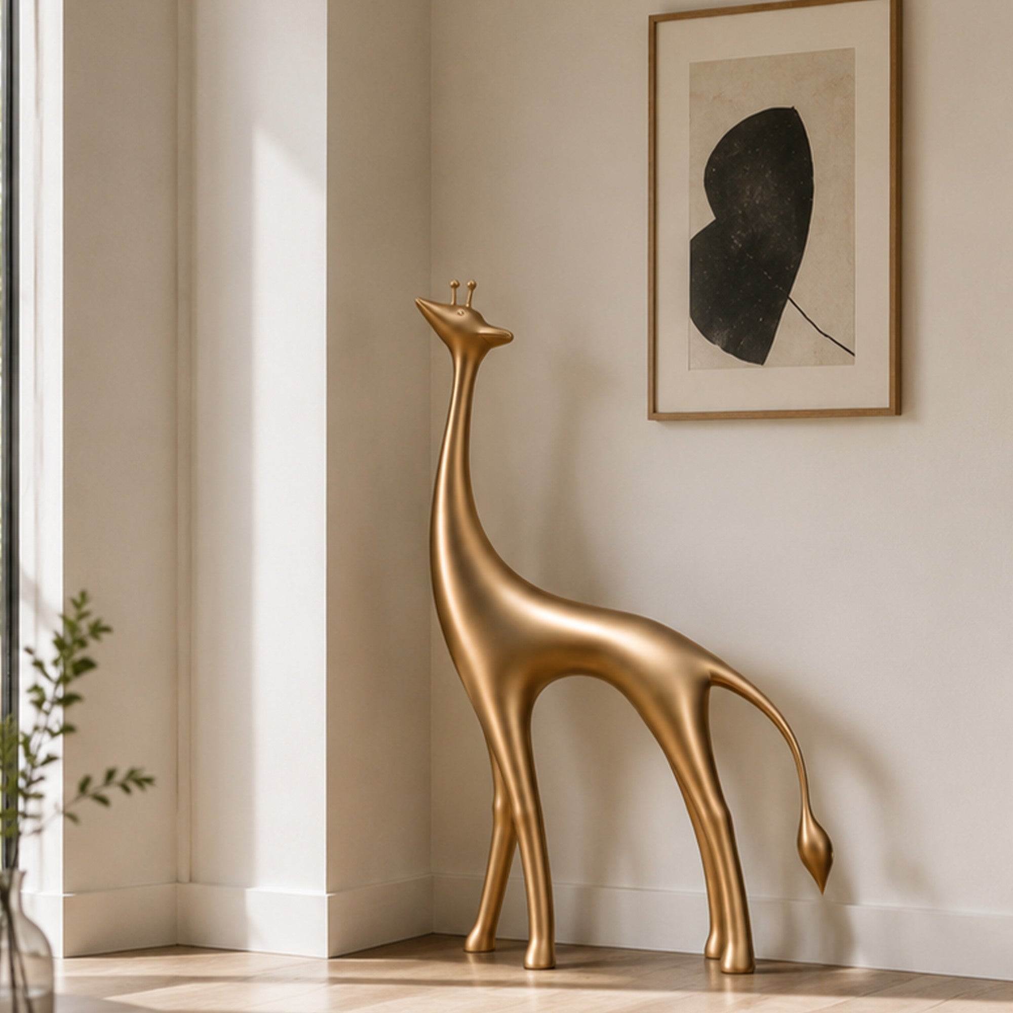 Modern golden stainless steel giraffe sculpture displayed in a contemporary interior space