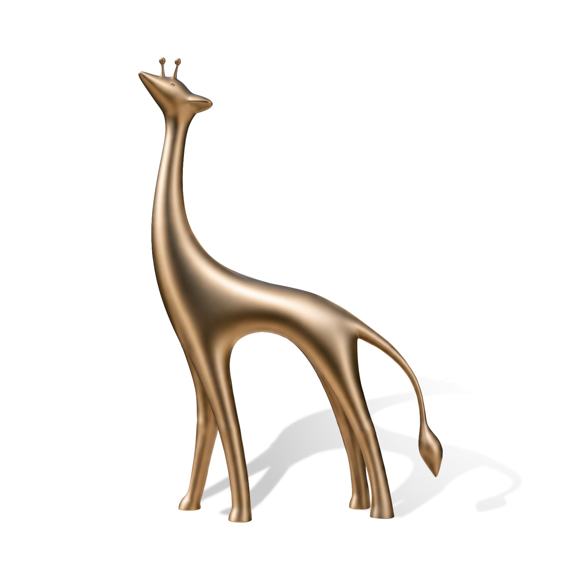 Golden painted stainless steel giraffe sculpture with a modern elongated minimalist design