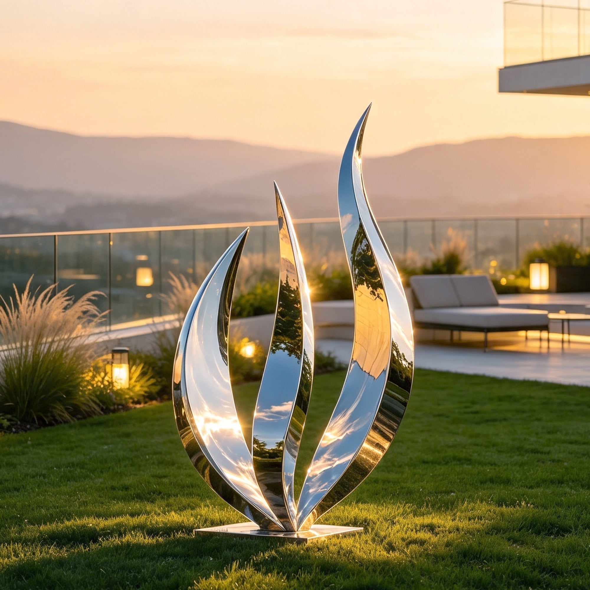 Abstract mirror polished stainless steel flame sculpture with three rising forms displayed in a contemporary outdoor landscape