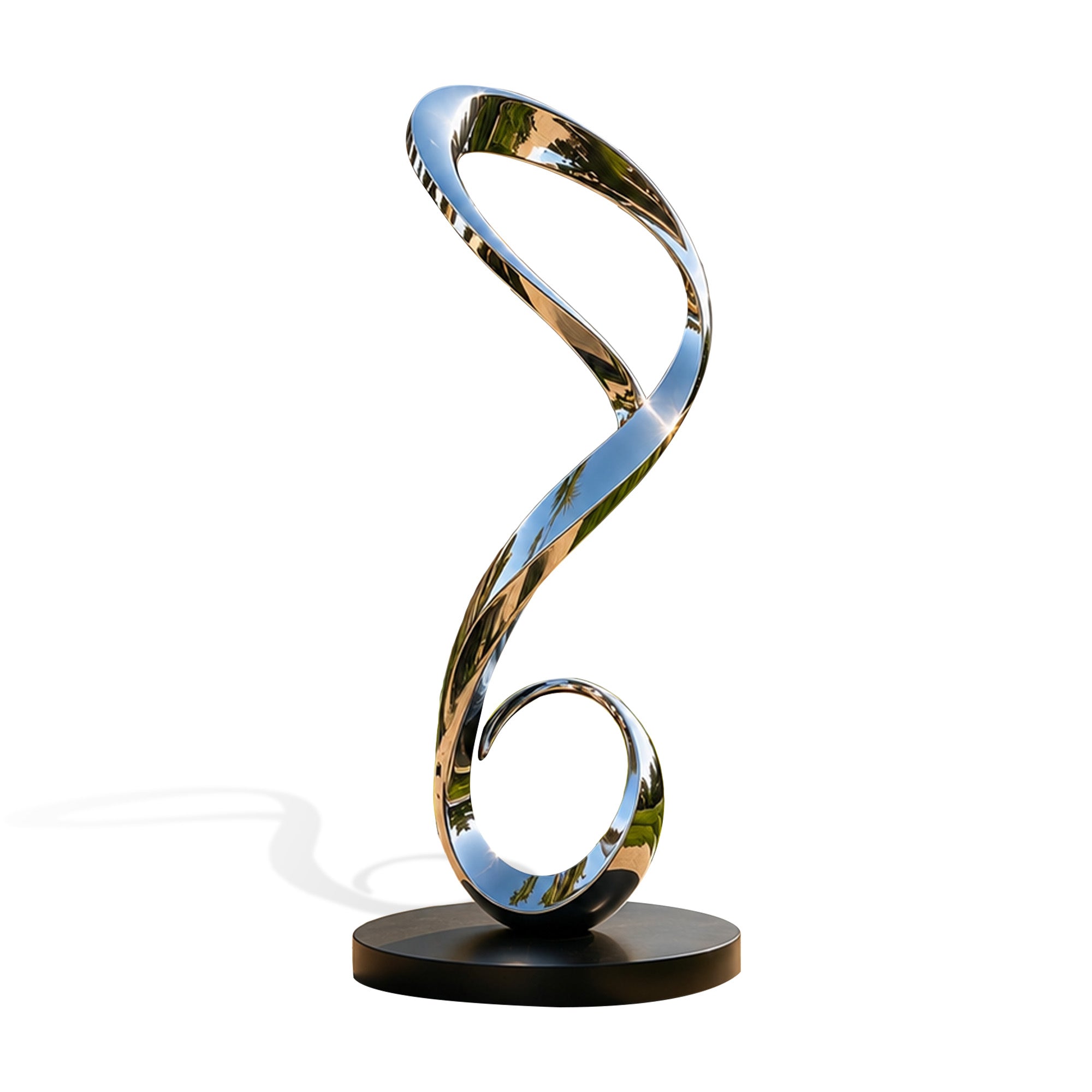 Mirror polished stainless steel abstract sculpture with a continuous spiral ribbon form on a round black base