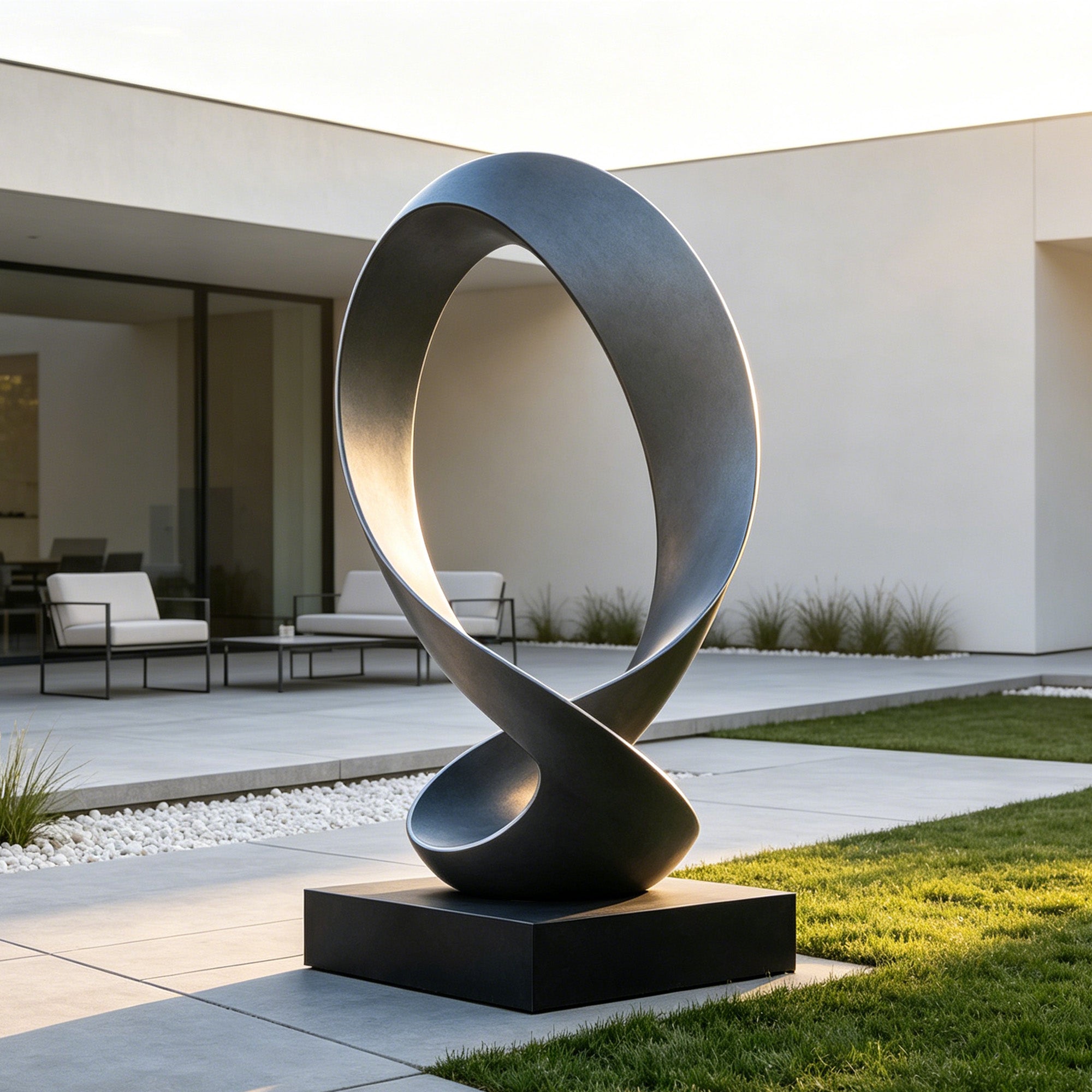 Contemporary dark metal loop sculpture with an open ribbon form installed in a minimalist modern garden landscape