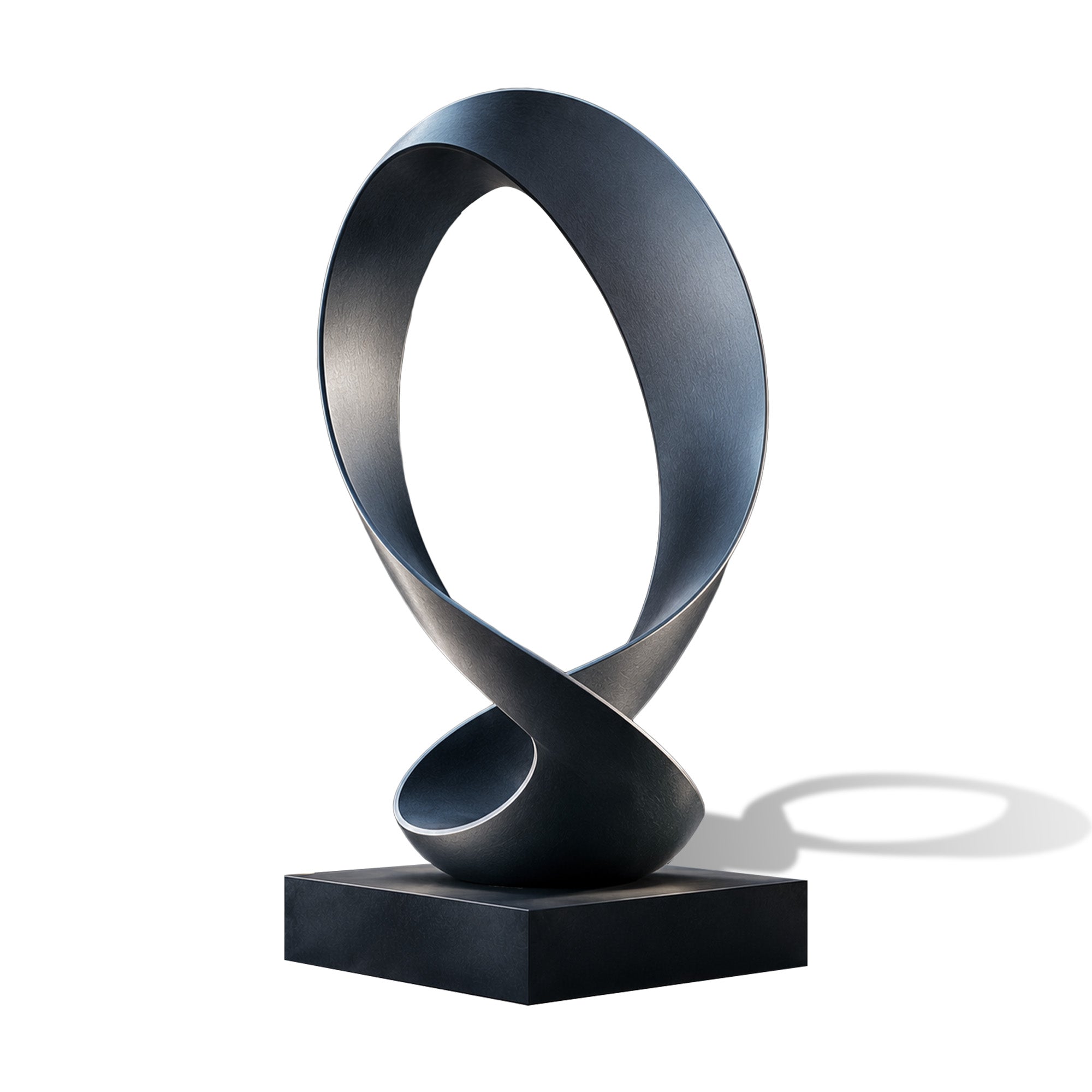 Dark stainless steel abstract sculpture with a continuous twisted loop and sculptural ribbon form on a square base