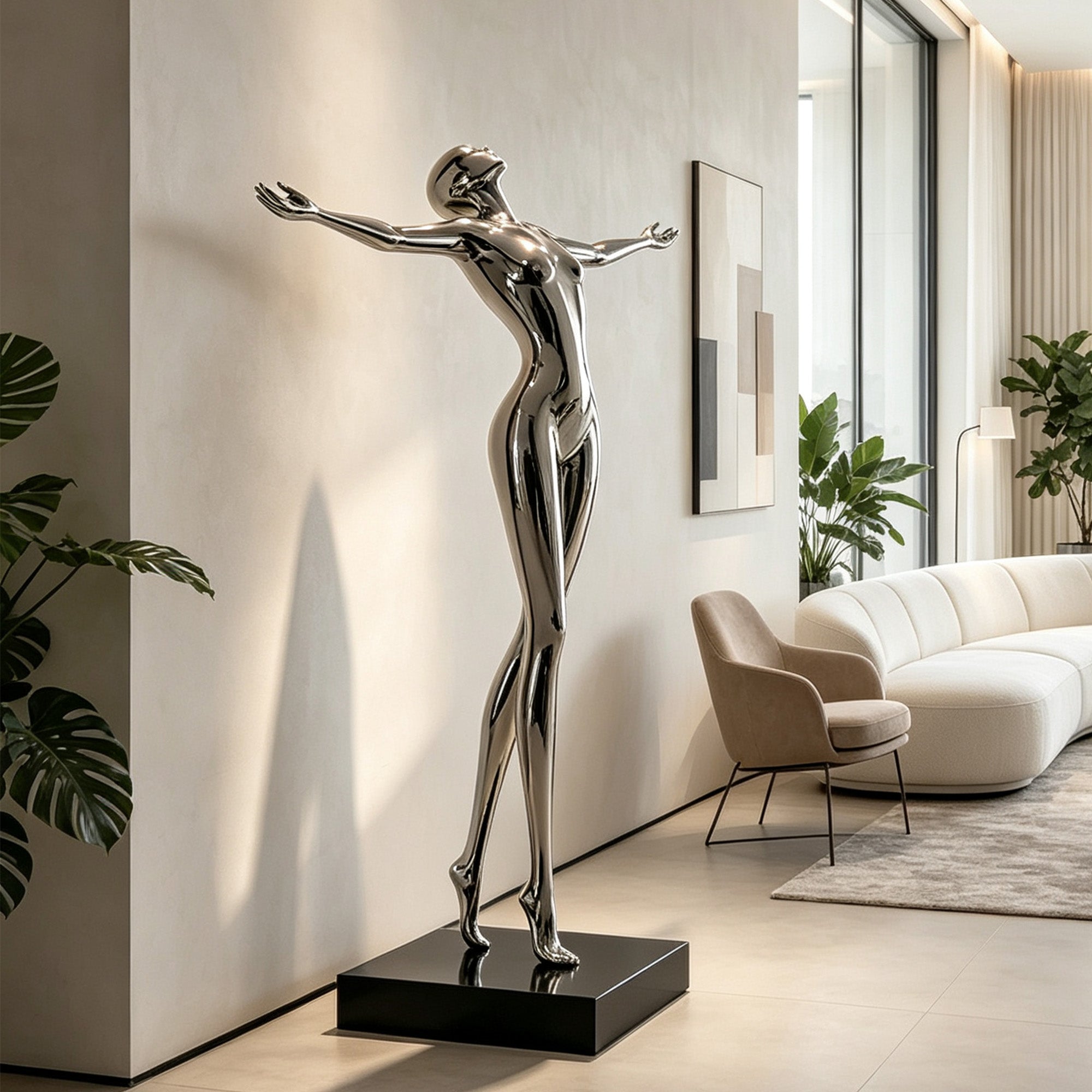 Mirror polished stainless steel futuristic sculpture with abstract human figure displayed in a modern luxury interior