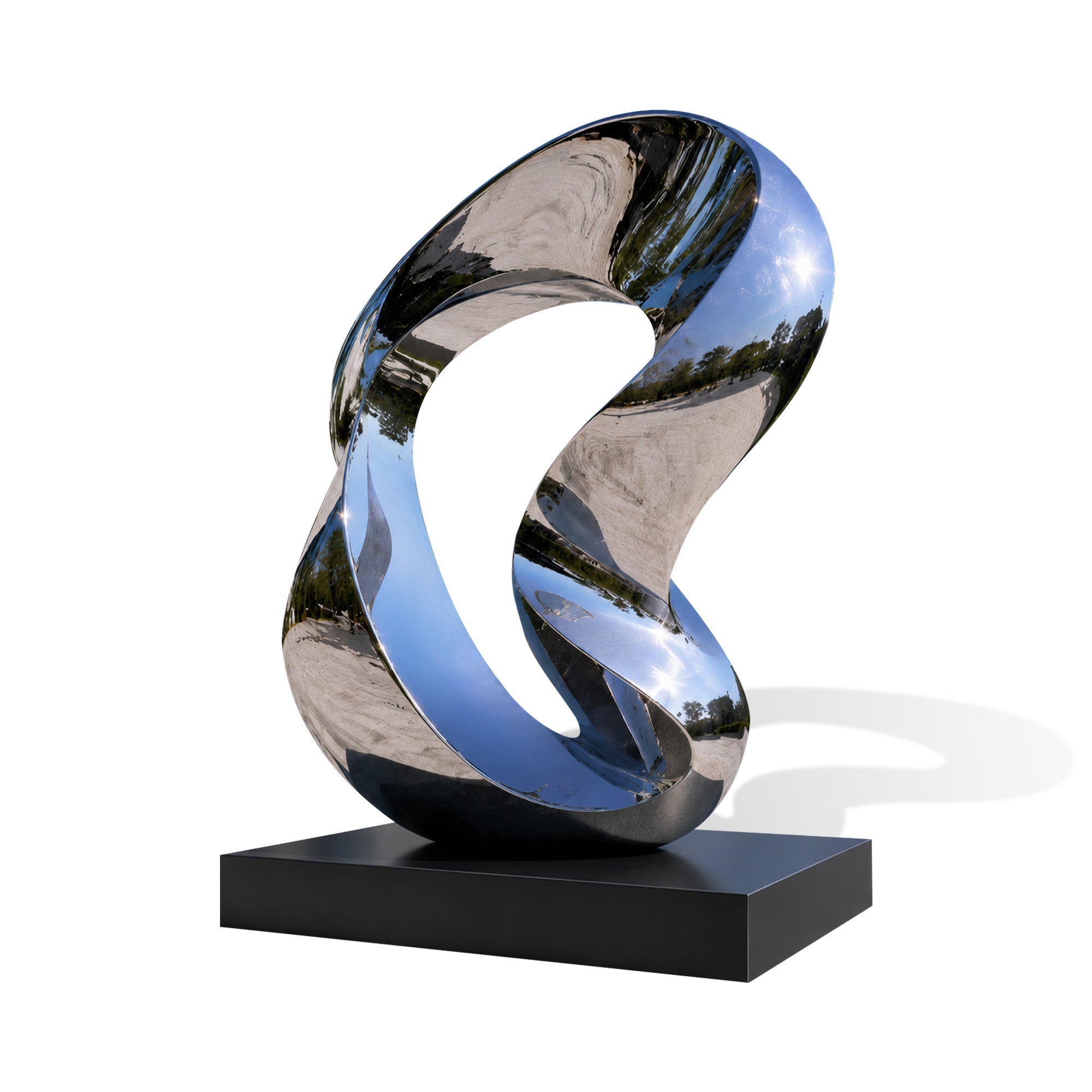 Large mirror polished stainless steel lawn sculpture with flowing abstract form on a black base
