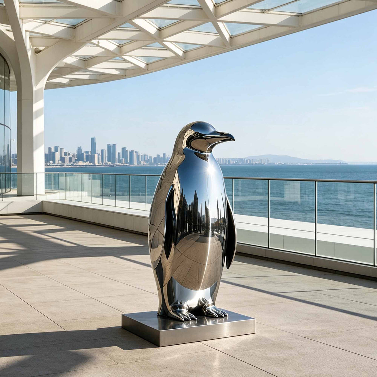 Mirror polished stainless steel penguin sculpture displayed on a waterfront terrace
