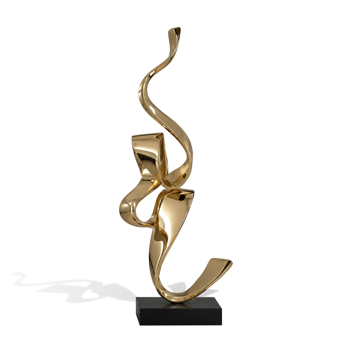 Golden abstract stainless steel sculpture with elegant flowing curves on a black base
