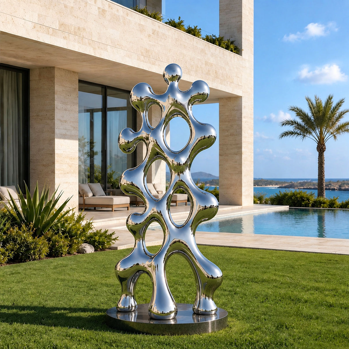 Mirror-polished stainless steel abstract sculpture with organic branching forms and irregular openwork voids, installed on a lawn beside a luxury coastal villa and swimming pool.