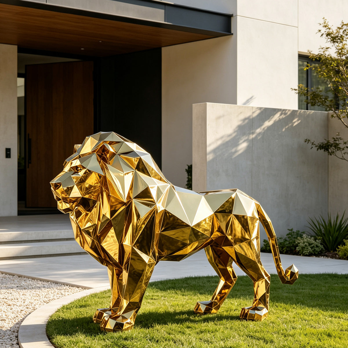Large geometric stainless steel lion sculpture with faceted low-poly surfaces and a reflective gold finish, displayed on the lawn outside a modern luxury villa.