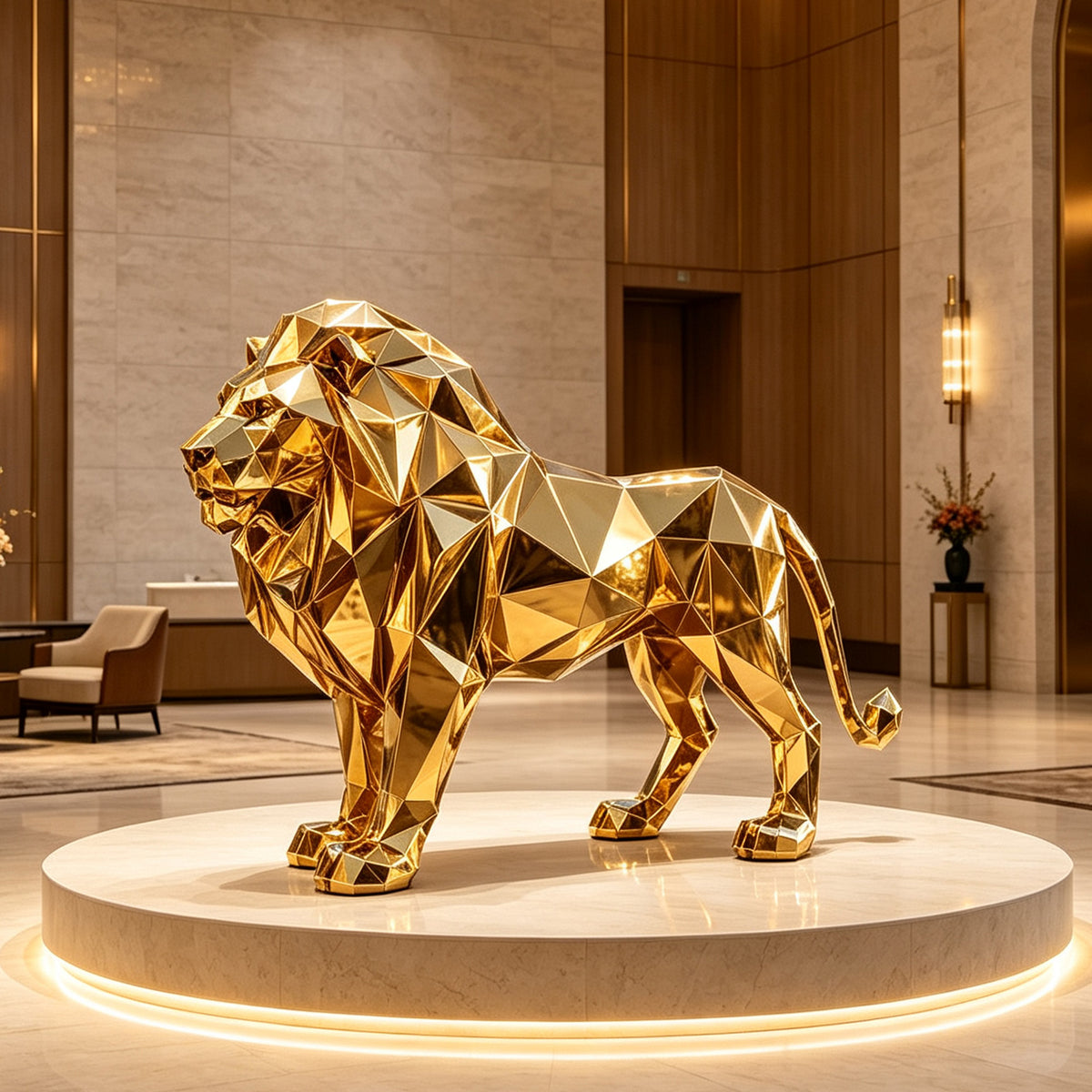 Large faceted lion sculpture in mirror-polished gold stainless steel, standing on an illuminated circular pedestal as a statement artwork in a luxury hotel lobby.