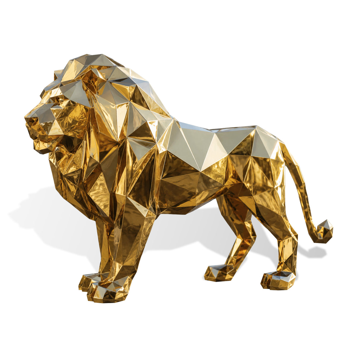 Freestanding stainless steel lion sculpture featuring a powerful standing pose, angular low-poly construction, detailed geometric mane, and highly reflective gold mirror finish.