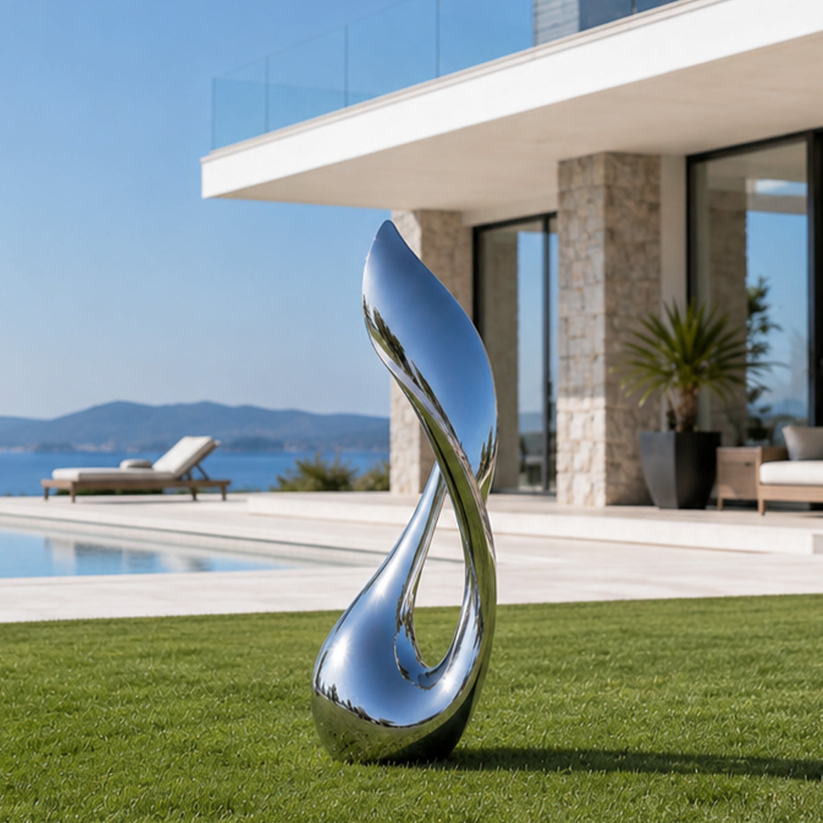 Large mirror-polished stainless steel abstract sculpture with a fluid twisting loop design, displayed on a green lawn beside a modern luxury villa, swimming pool, and coastal landscape.