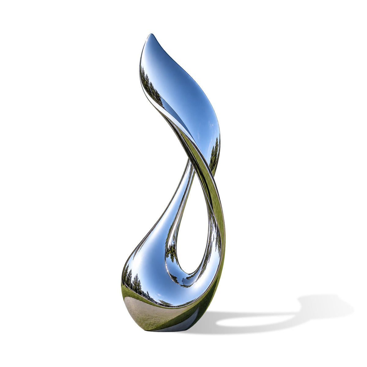 Polished stainless steel abstract sculpture with a tall flowing ribbon form, elongated teardrop opening, graceful twisting curves, and highly reflective mirror surface, shown against a clean white background.