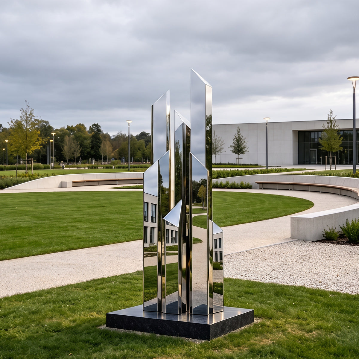 Large mirror-polished stainless steel geometric sculpture featuring five ascending vertical columns with angular tops, installed on a black base in a contemporary landscaped public plaza.