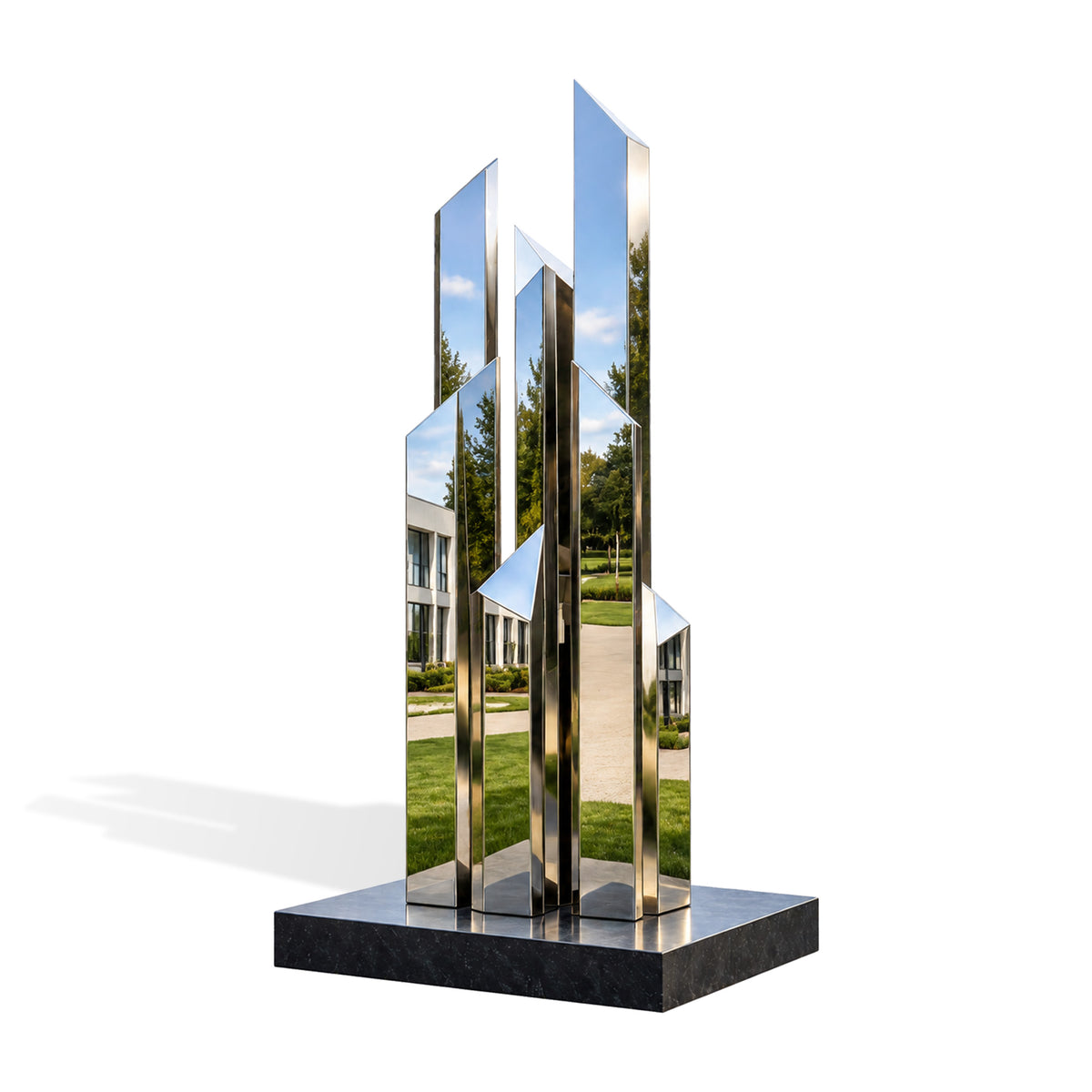 Mirror-polished stainless steel abstract sculpture composed of five slender vertical geometric columns in varied heights with sharply angled tops, reflective surfaces, and a rectangular black base.