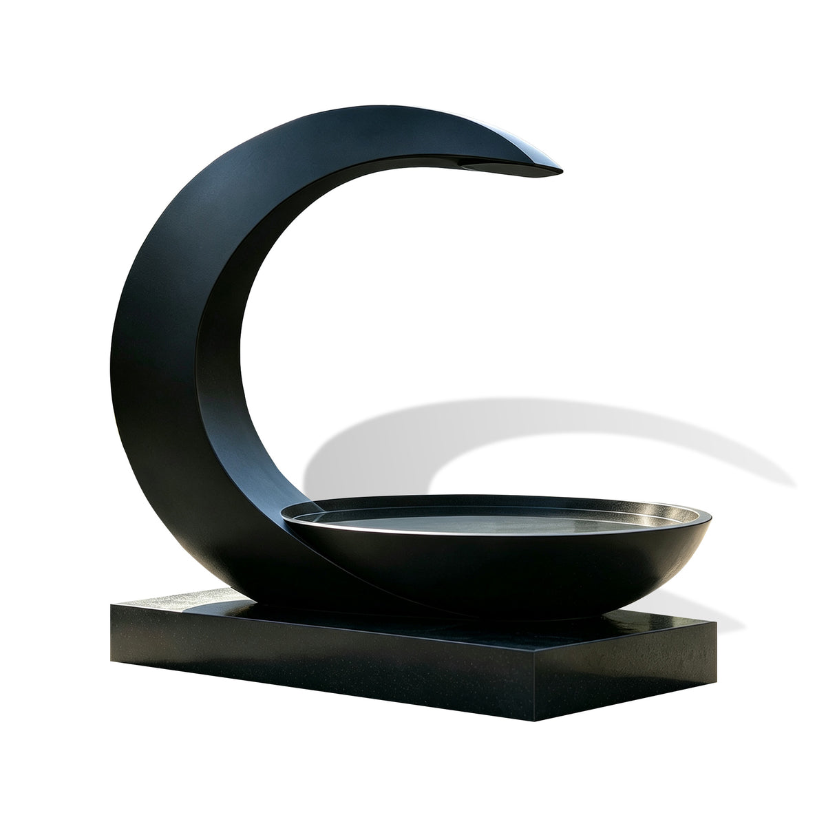 Freestanding crescent-shaped stainless steel fountain sculpture featuring a sweeping curved form, integrated circular basin, rectangular base, and smooth black finish.