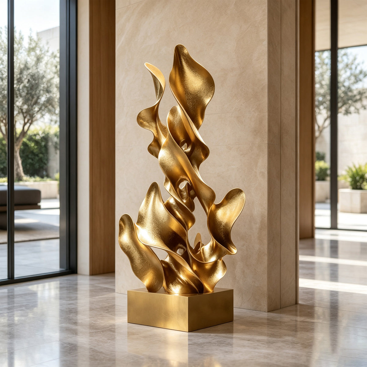 Tall gold abstract stainless steel sculpture with flowing organic curves, open sculptural cutouts, and a textured metallic surface displayed in a luxurious modern interior.