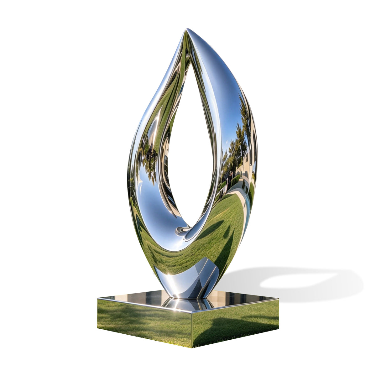 Contemporary mirror-polished stainless steel sculpture featuring an elegant open teardrop form with sweeping curved sides, a pointed top, and a highly reflective silver surface on a square pedestal.