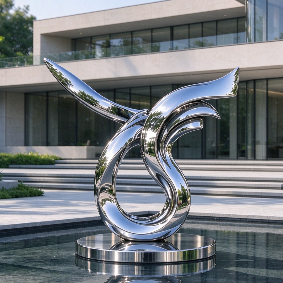 Large abstract stainless steel sculpture with highly reflective sweeping wings and a circular open form, displayed in a contemporary plaza beside a modern glass residence.