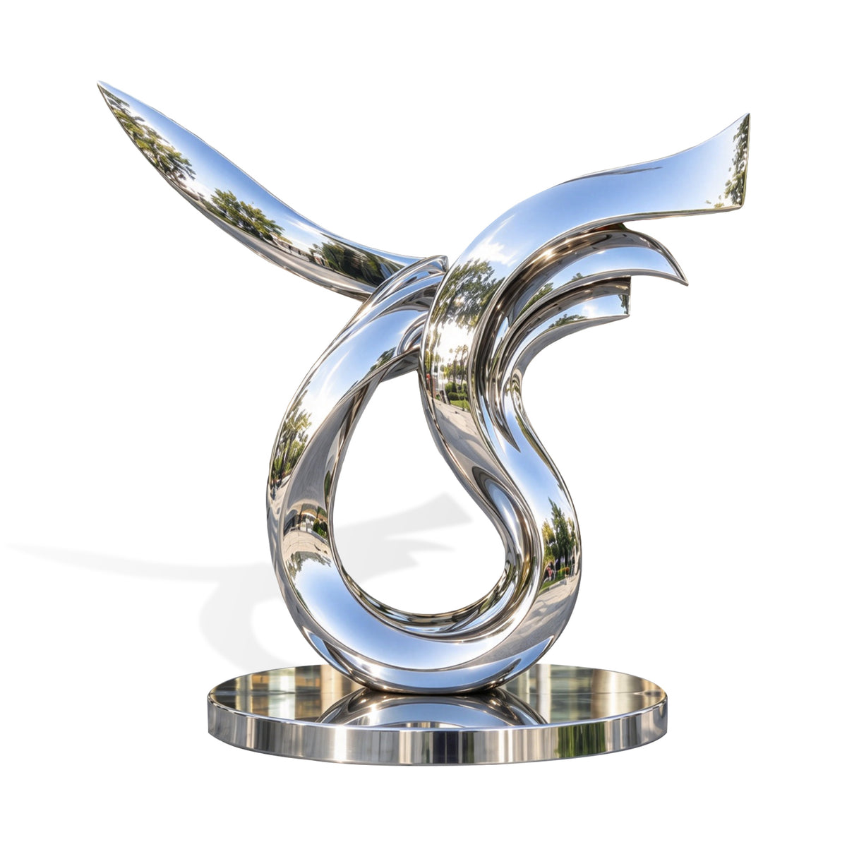 Front product view of a mirror-polished stainless steel sculpture featuring sweeping wing-like forms, layered curved elements, and a fluid circular opening on a round reflective base.