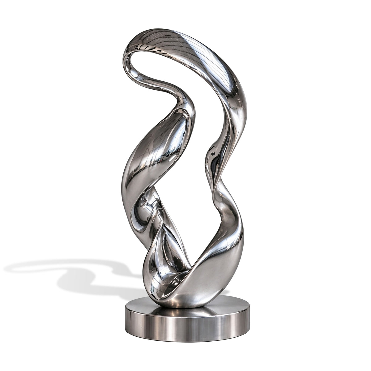 Abstract mirror polished stainless steel loop sculpture with smooth flowing curves and a reflective contemporary design. The modern metal artwork creates a striking statement for indoor and outdoor spaces.